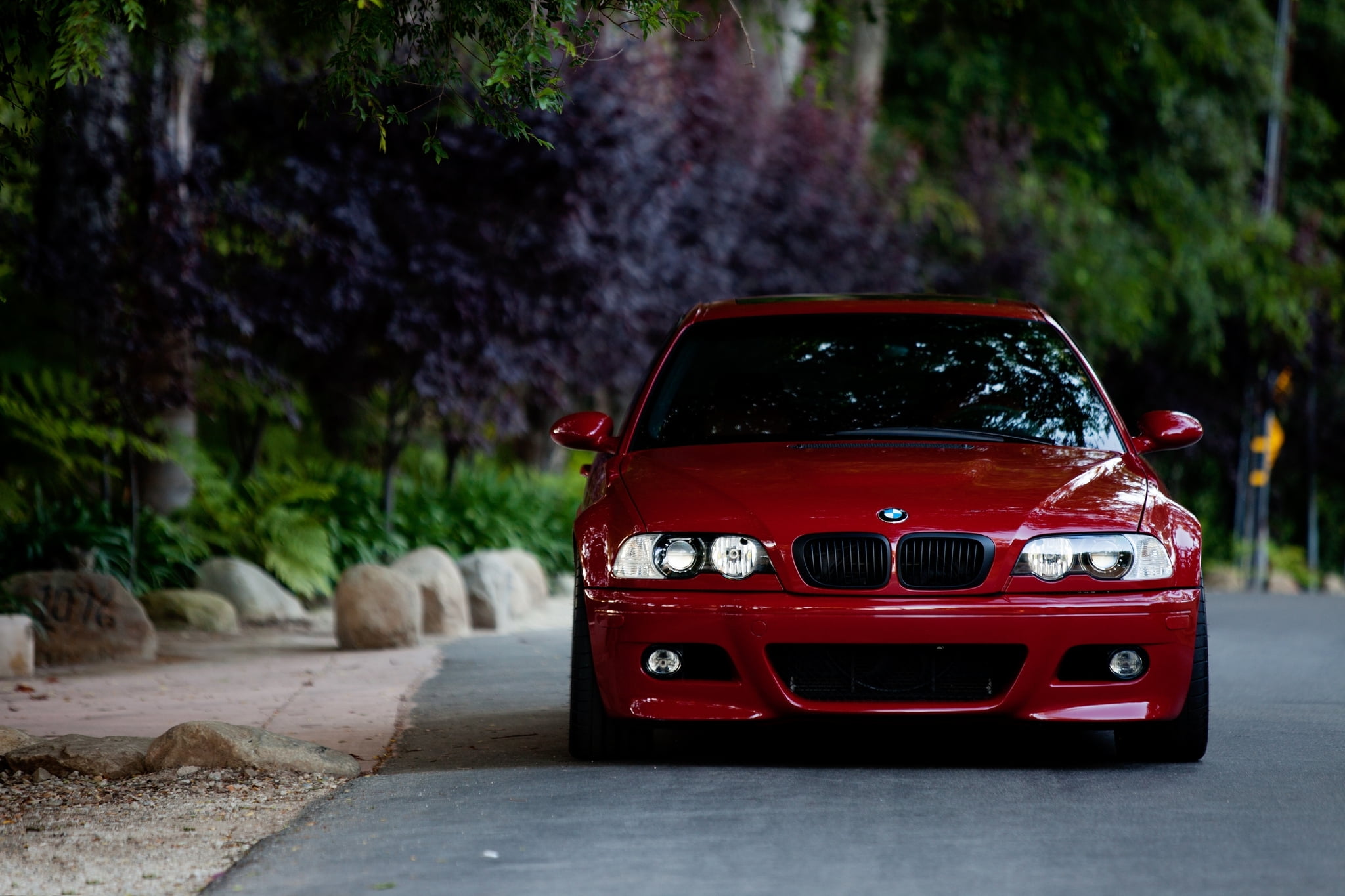red BMW E46, road, stones, the front, car, land Vehicle, speed