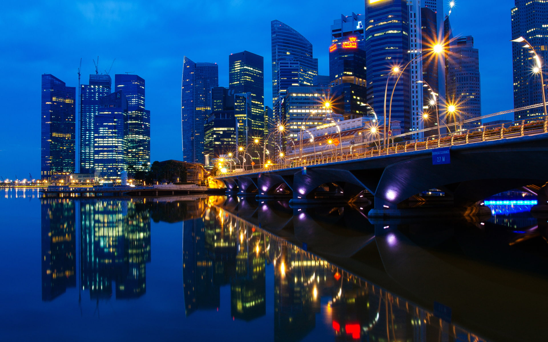 Singapore Malaysia Night Landscape Dawn Lights The City Bridge Skyscrapers Background Reflection Hd 1920×1200