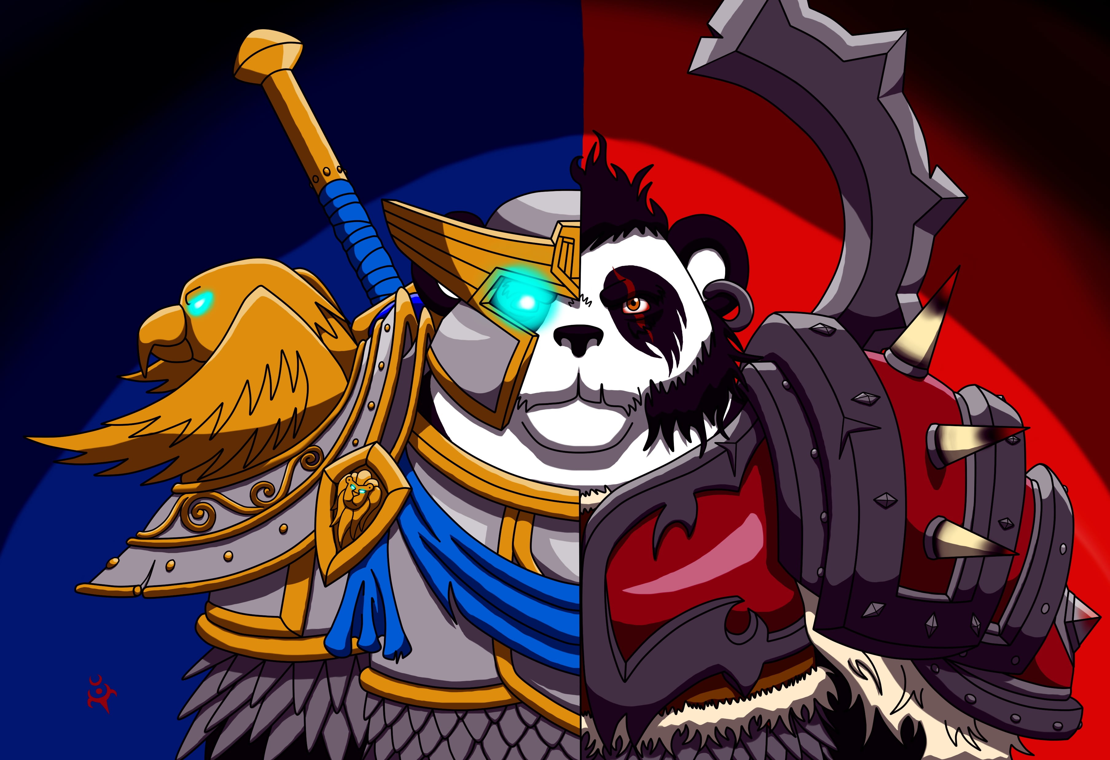 warrior panda digital wallpaper, world of warcraft, wow, alliance and horde