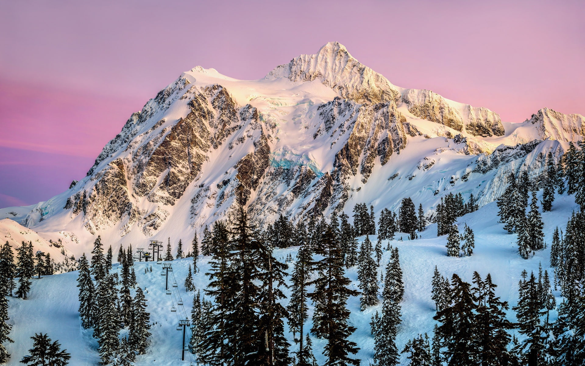 North America, Washington, Mount Shuksan, snow, winter, trees, dusk