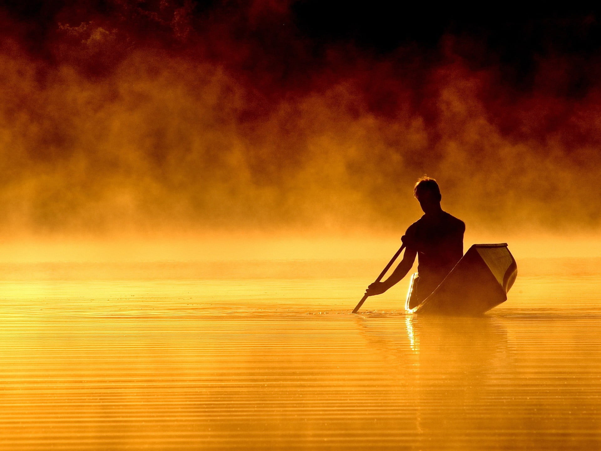 gray boat, decline, orange evening, guy, rowing, back, silhouette