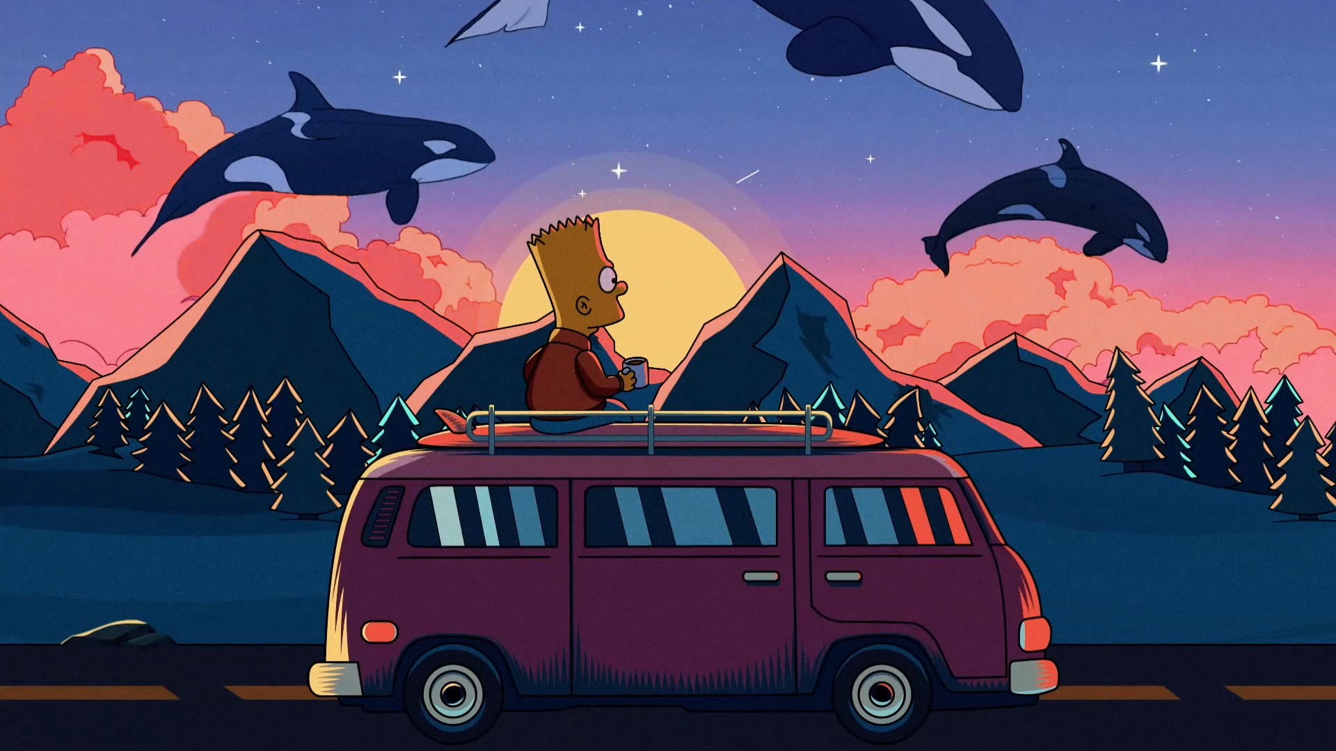 Free download HD wallpaper LoFi, Bart Simpson, mountains, sunset