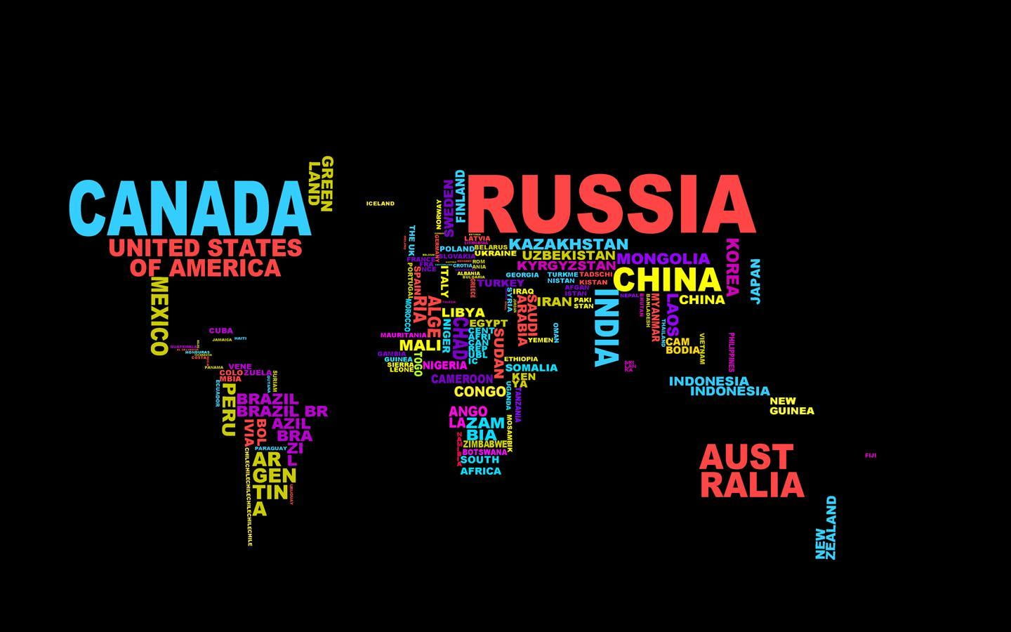 Canada and Russia text, map, typography, colorful, world, world map