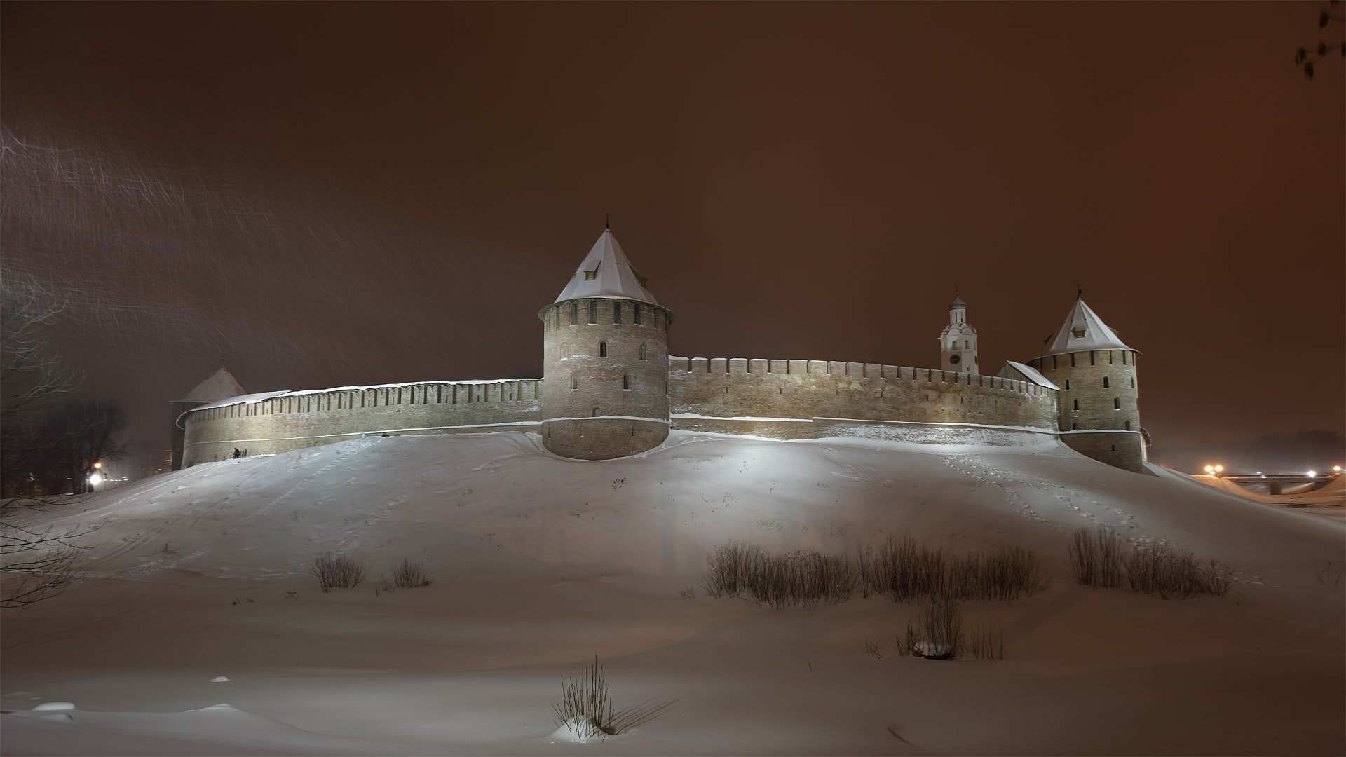 gray castle wall, winter, the sky, snow, night, the city, tower