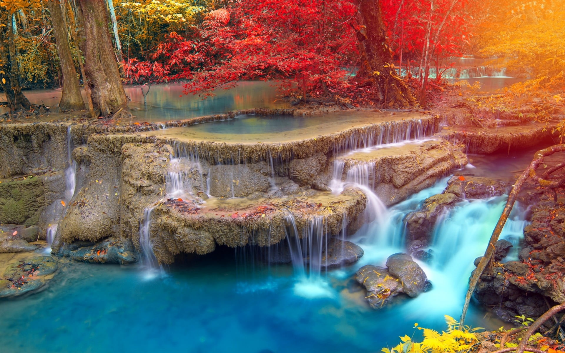 painting of river in forest, waterfalls painting, landscape, nature