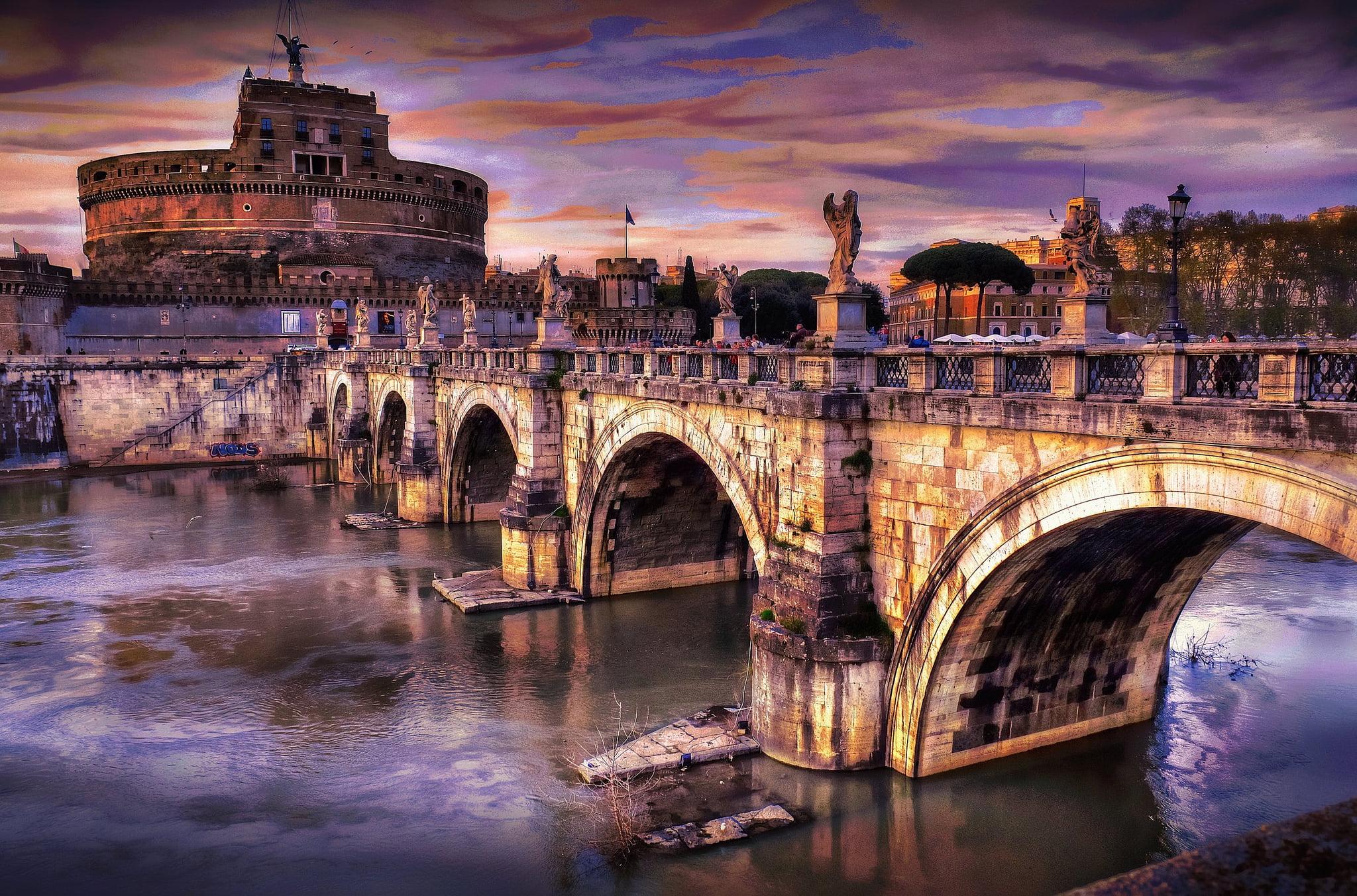 brown and white bridge illustration, the sky, clouds, river, Rome