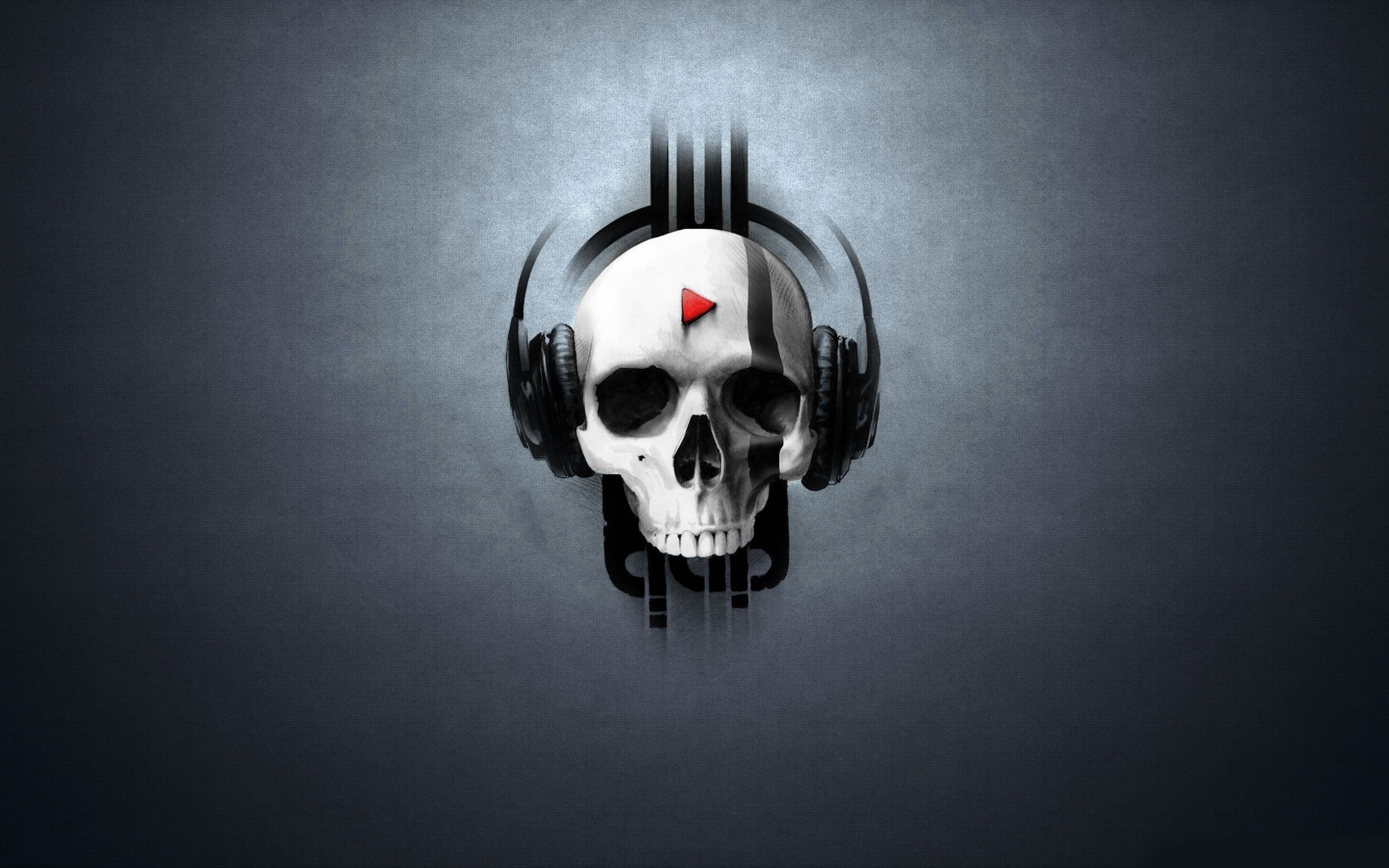 white and black skull wearing headphones wallpaper, digital art