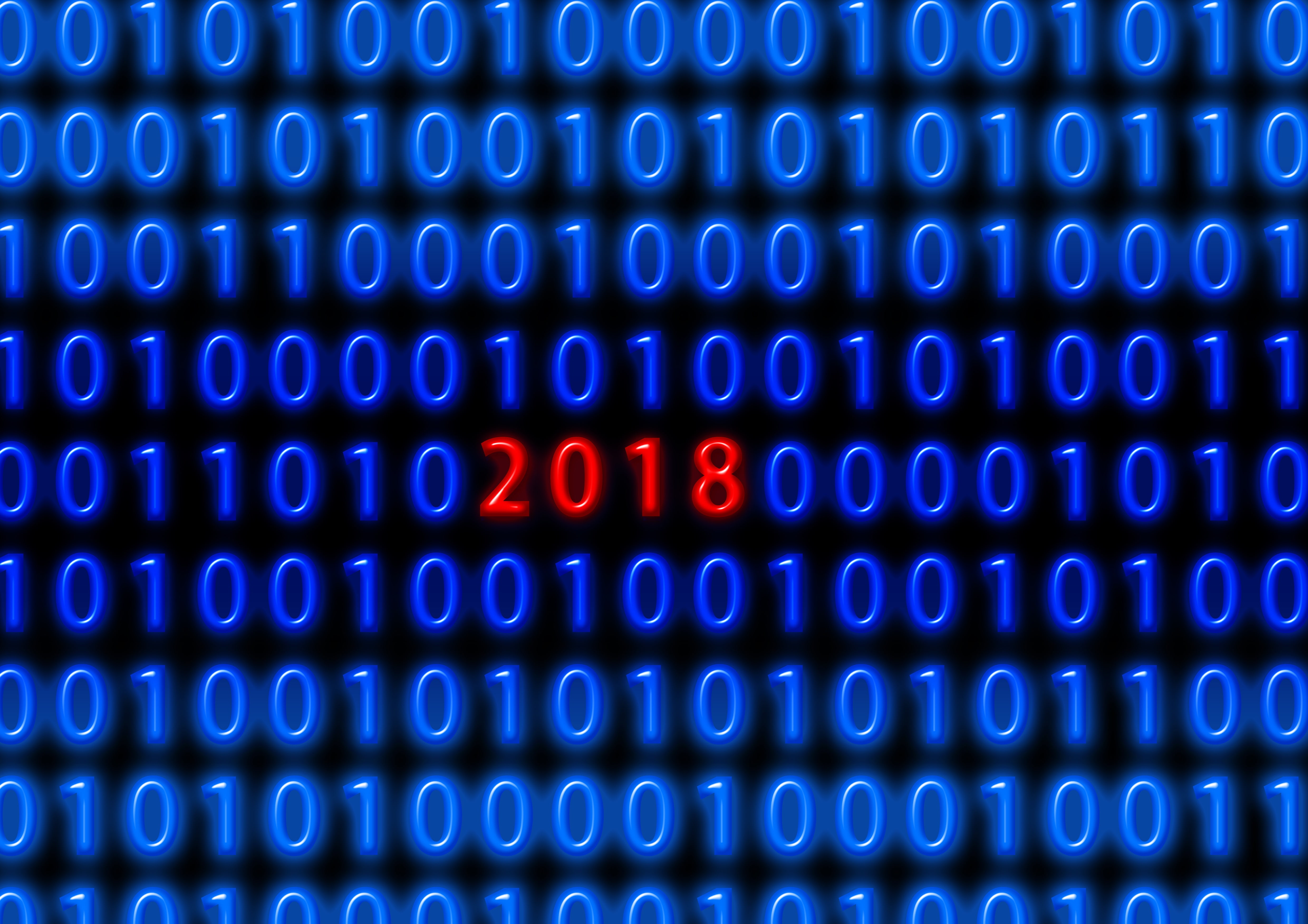 binary, 2018 (Year), code, numbers, black background, red, blue