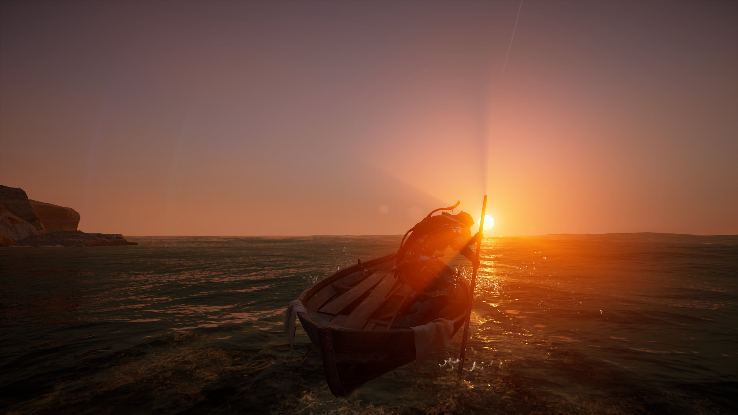 screen shot, Assassin's Creed: Valhalla, boat, sunset, sun rays