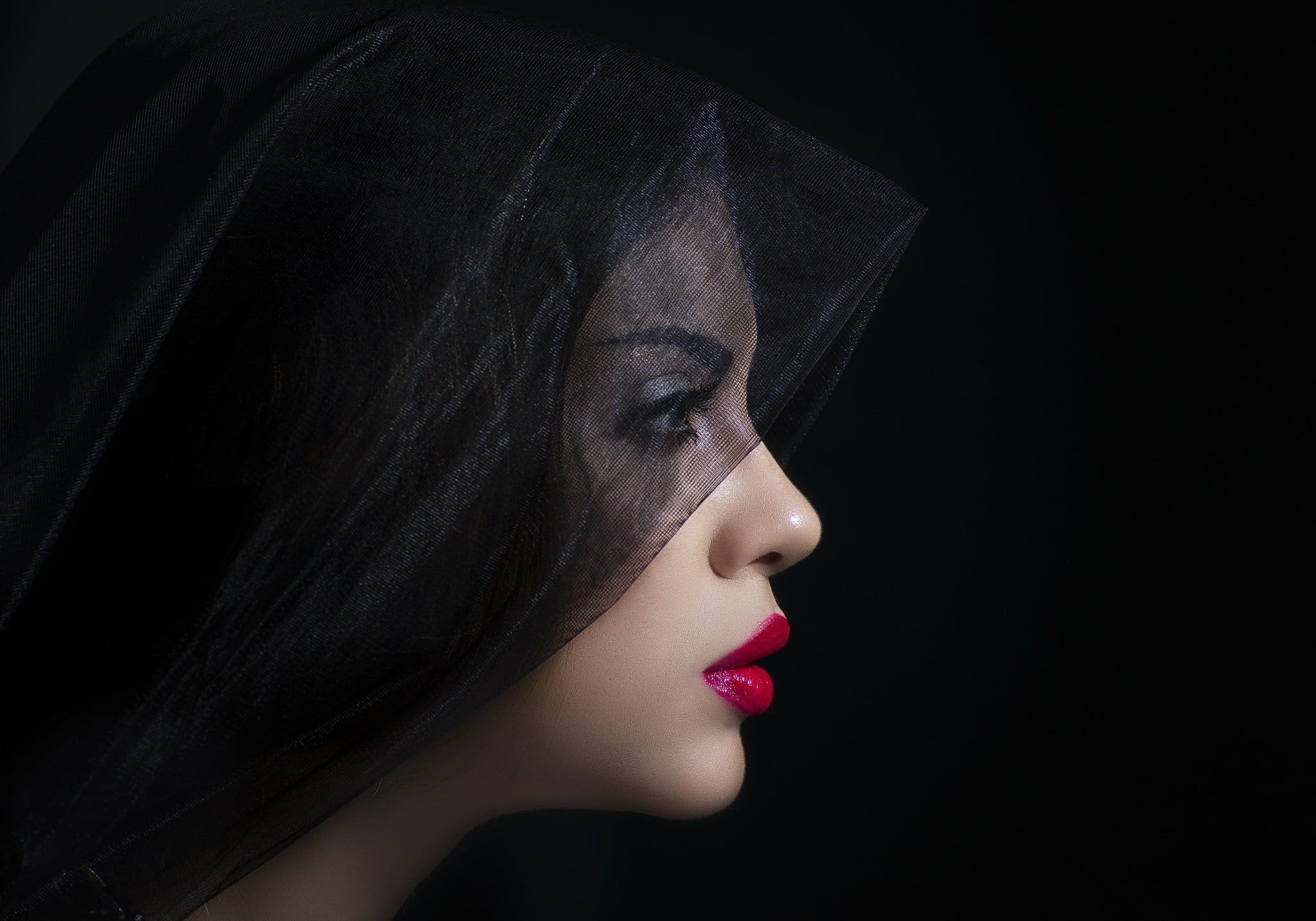 face, women, model, red lipstick, black background, dark, portrait