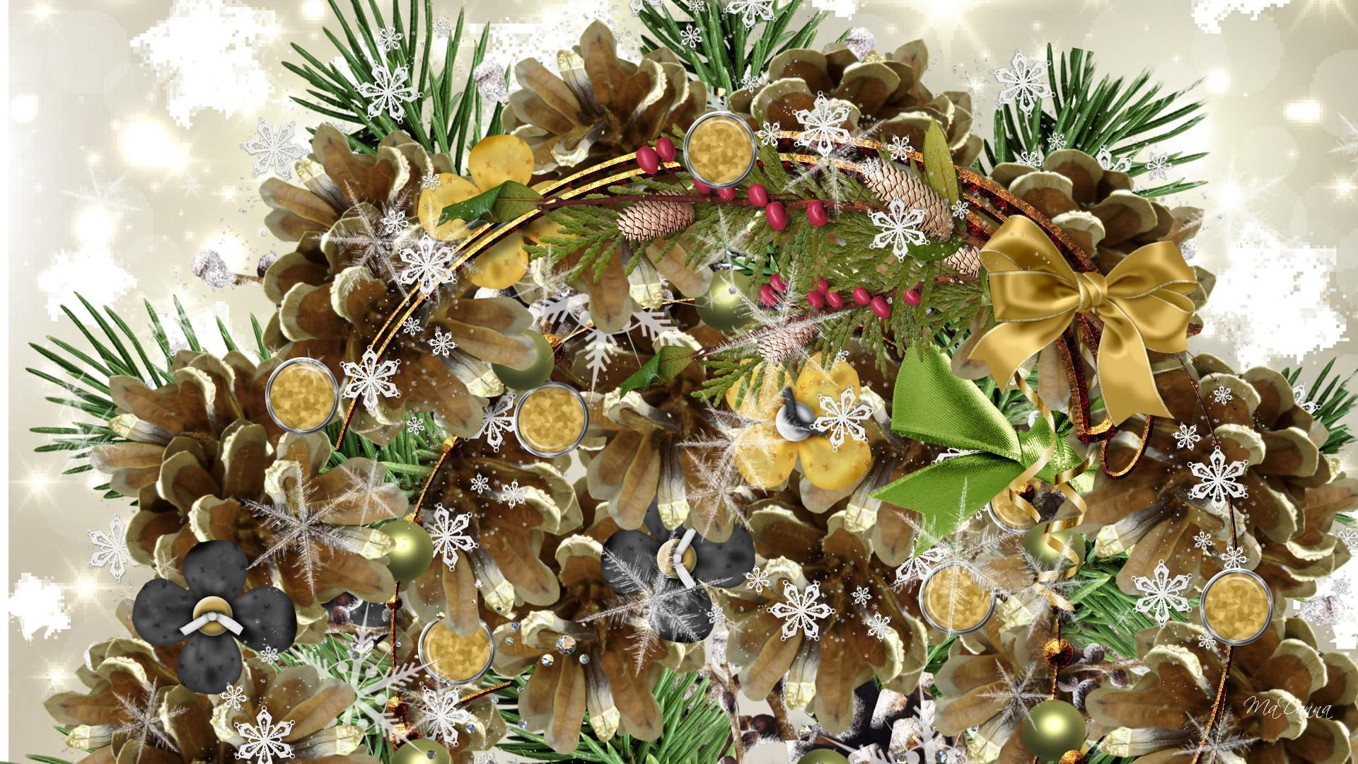 Cones Flakes, new year, berries, snowflakes, christmas, tree