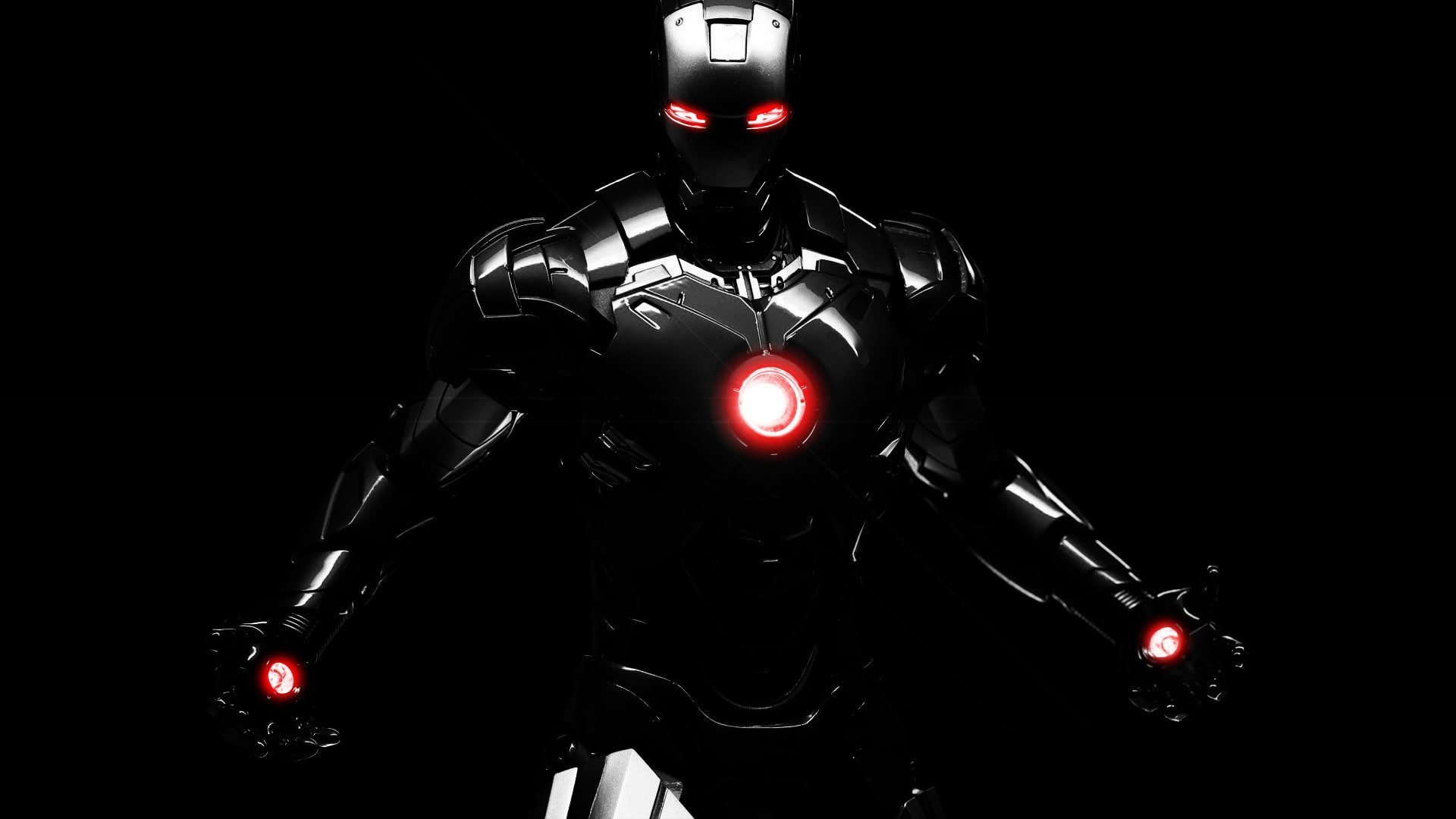 black Iron Man digital wallpaper, illuminated, indoors, black background