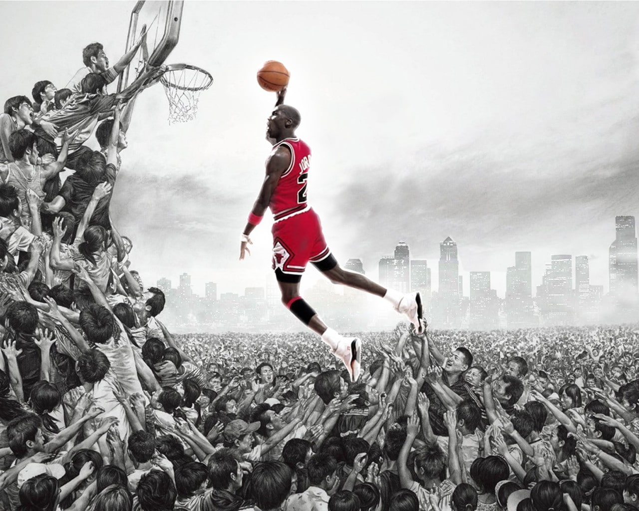 sports slam dunk crowd basketball michael jordan chicago bulls 1280x1024  Sports Basketball HD Art