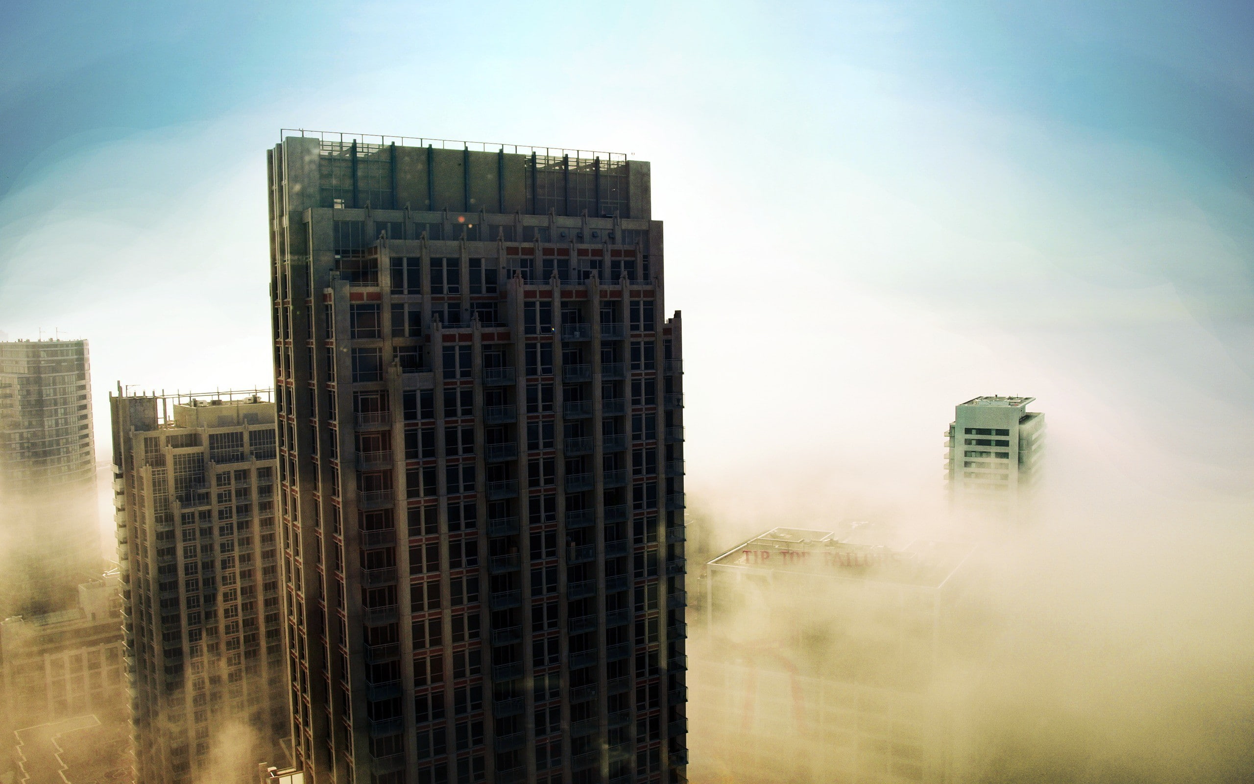 cityscape, building, mist, clouds, sky, Sun, Toronto, building exterior