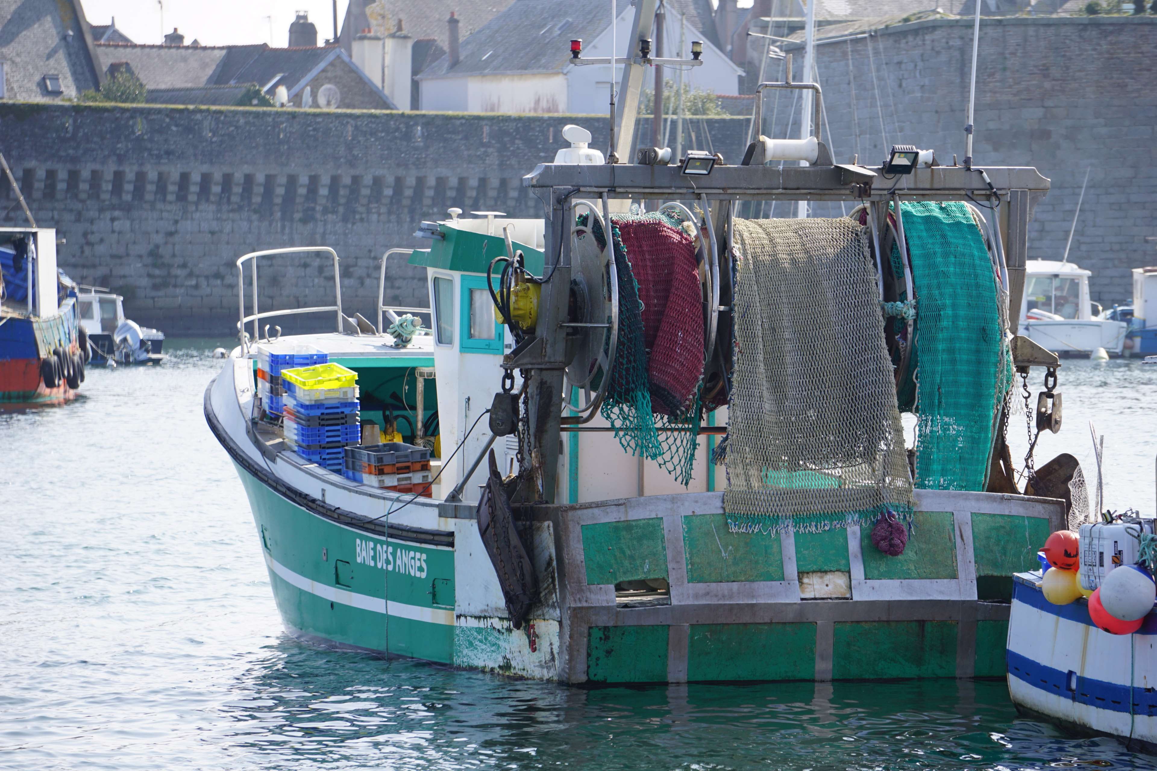 bateau, chalutier, filets, marin, mer, noir et blanc, pche