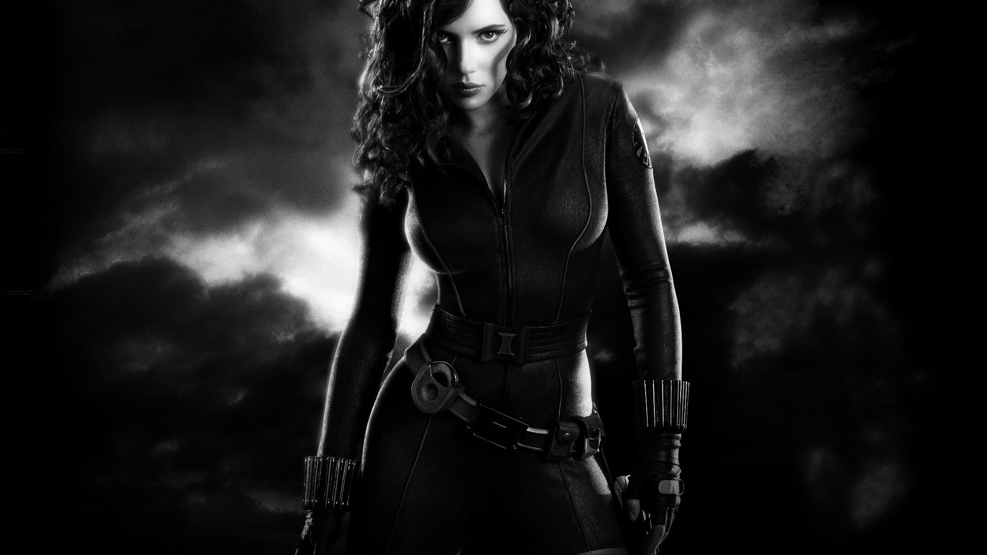 Iron man 2 Black widow, grayscale photo of woman in suit, black and white