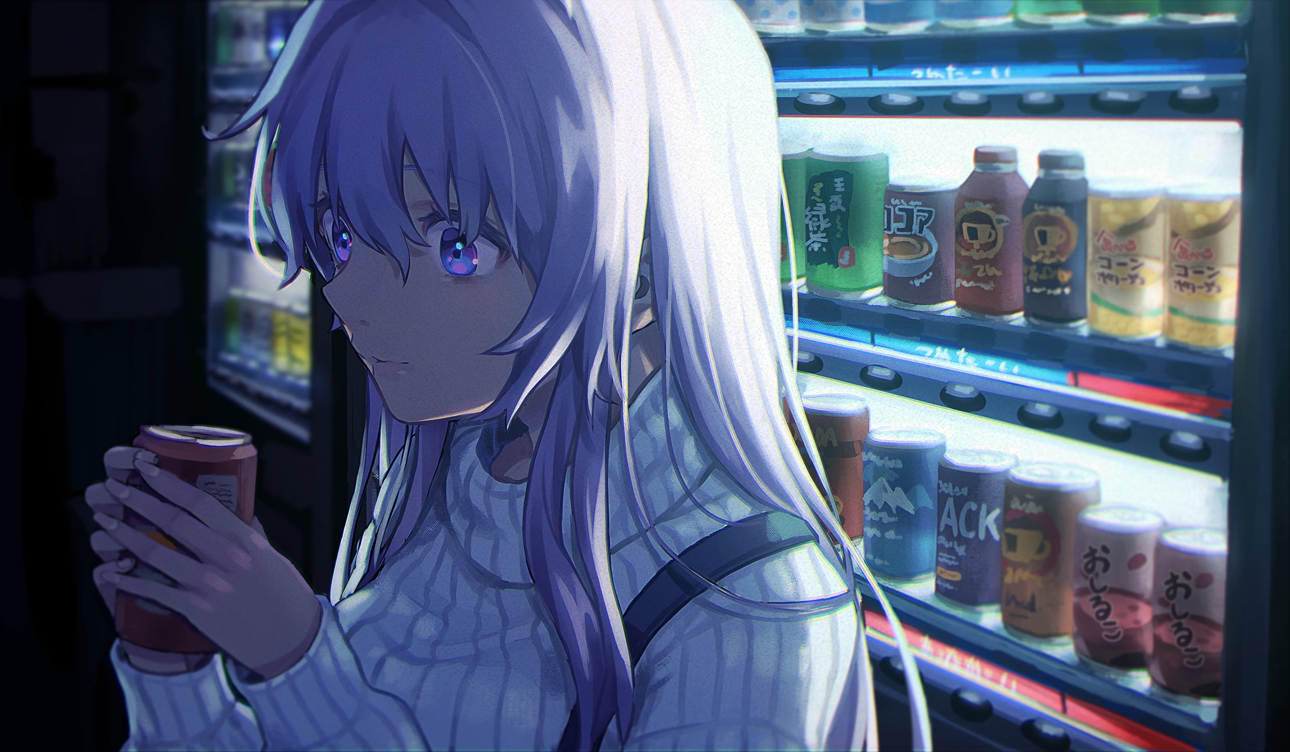 Free Download Hd Wallpaper Anime Original Girl Purple Eyes Vending Machine White Hair