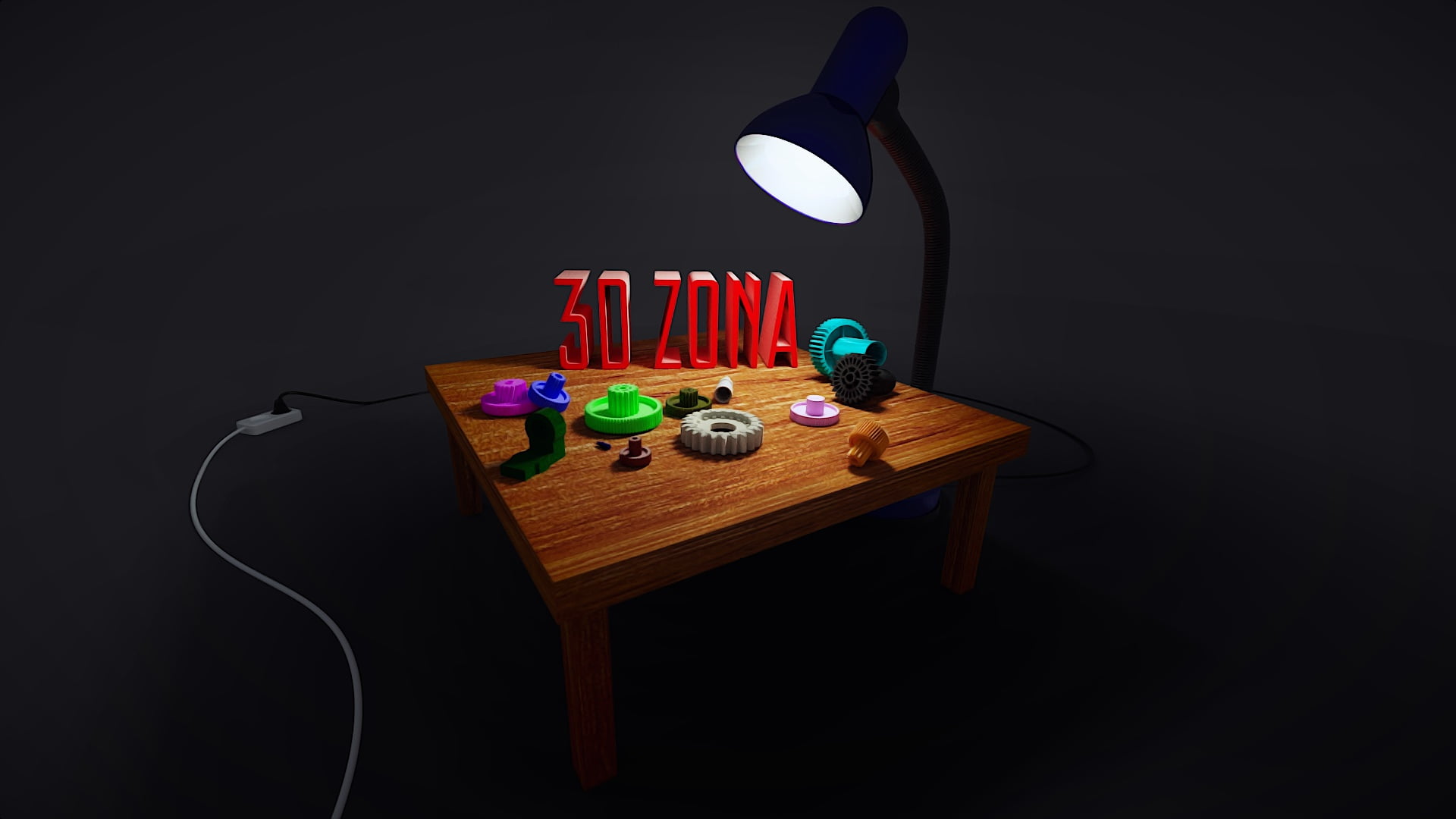 lamp, gear, 3D render, on a dark background, 3D printers