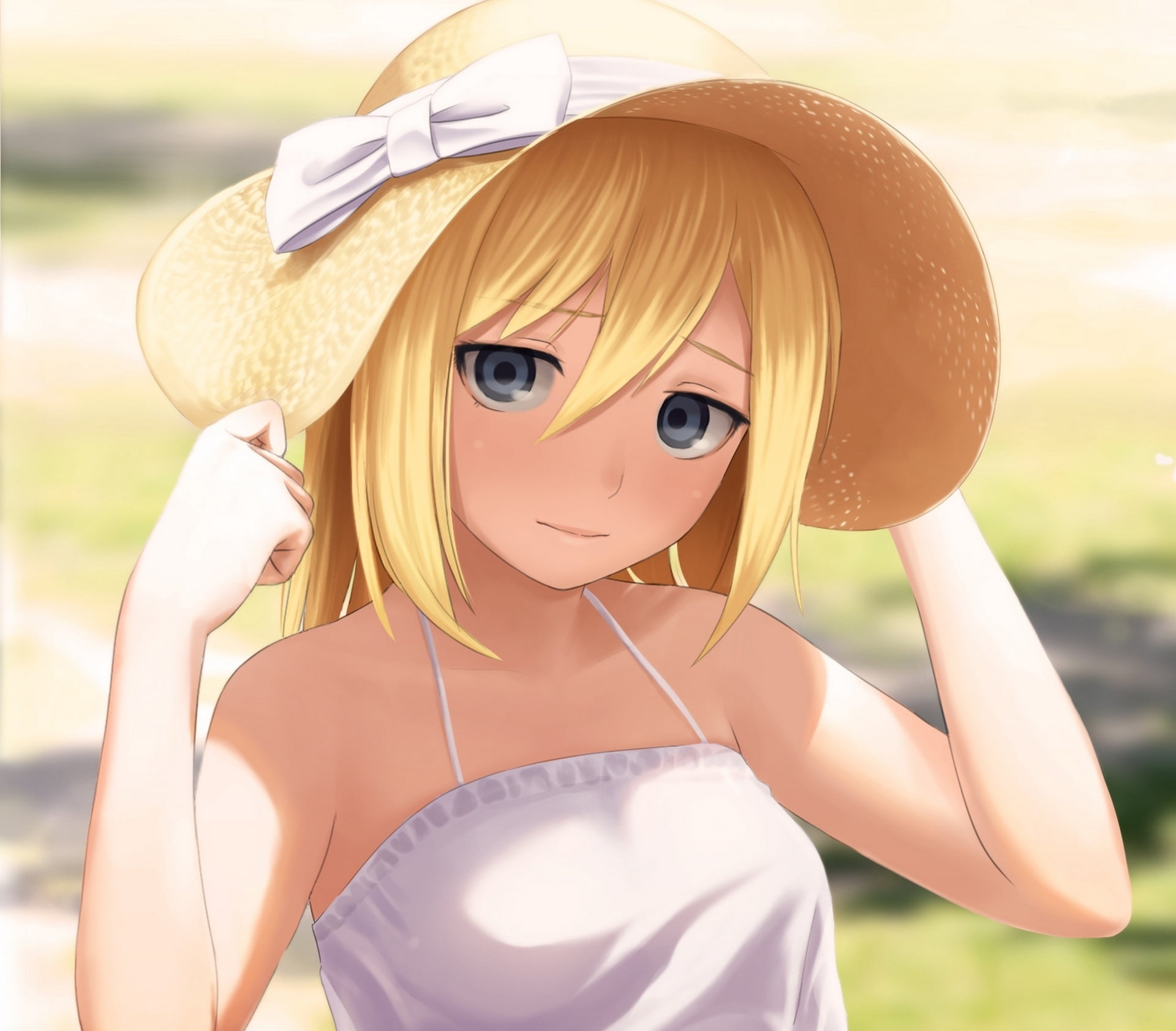 yellow haired female anime character, look, girl, hat, gesture