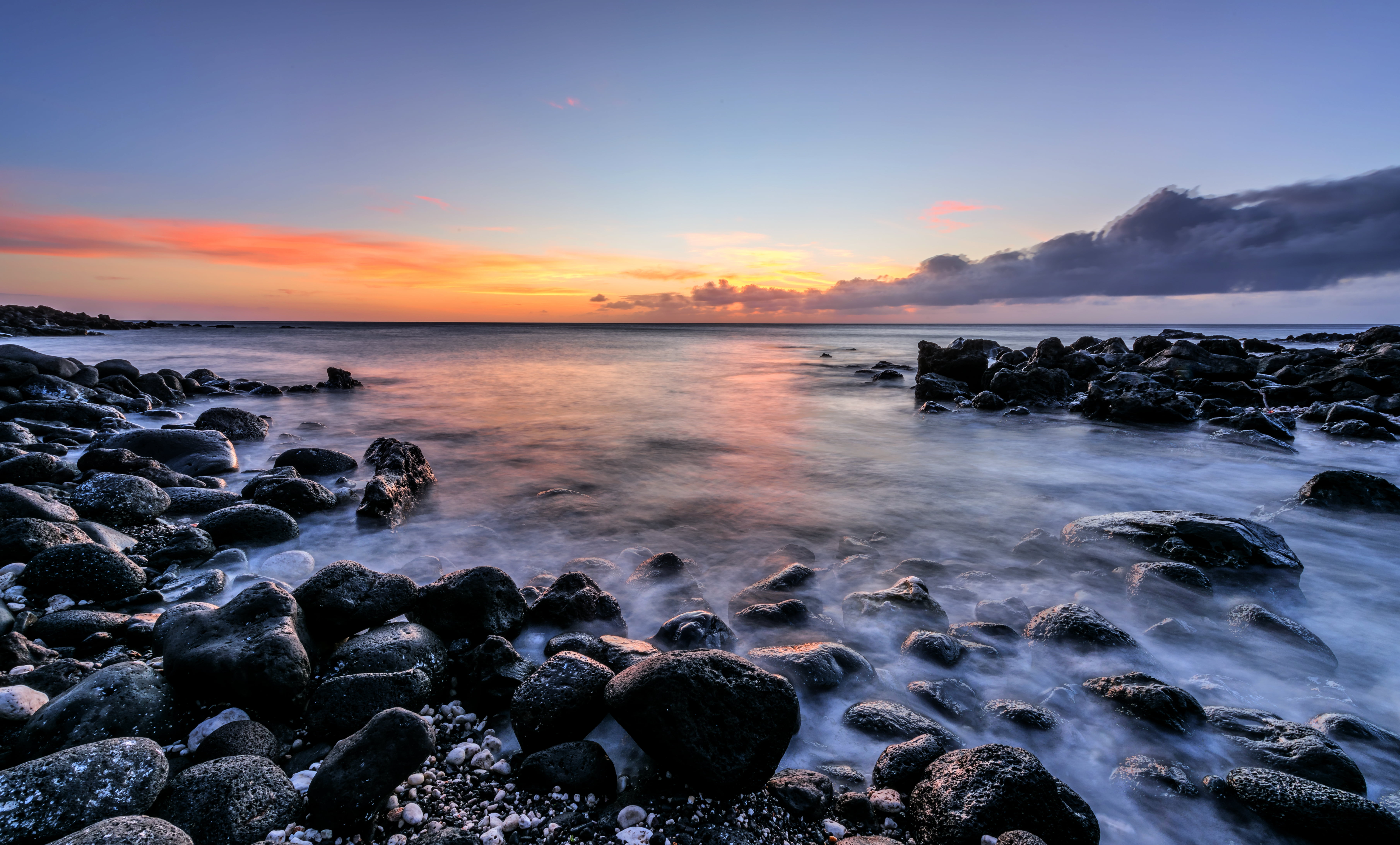 waves bashing rocks on the shore at sunset, Kapa'a, Beach, HDR