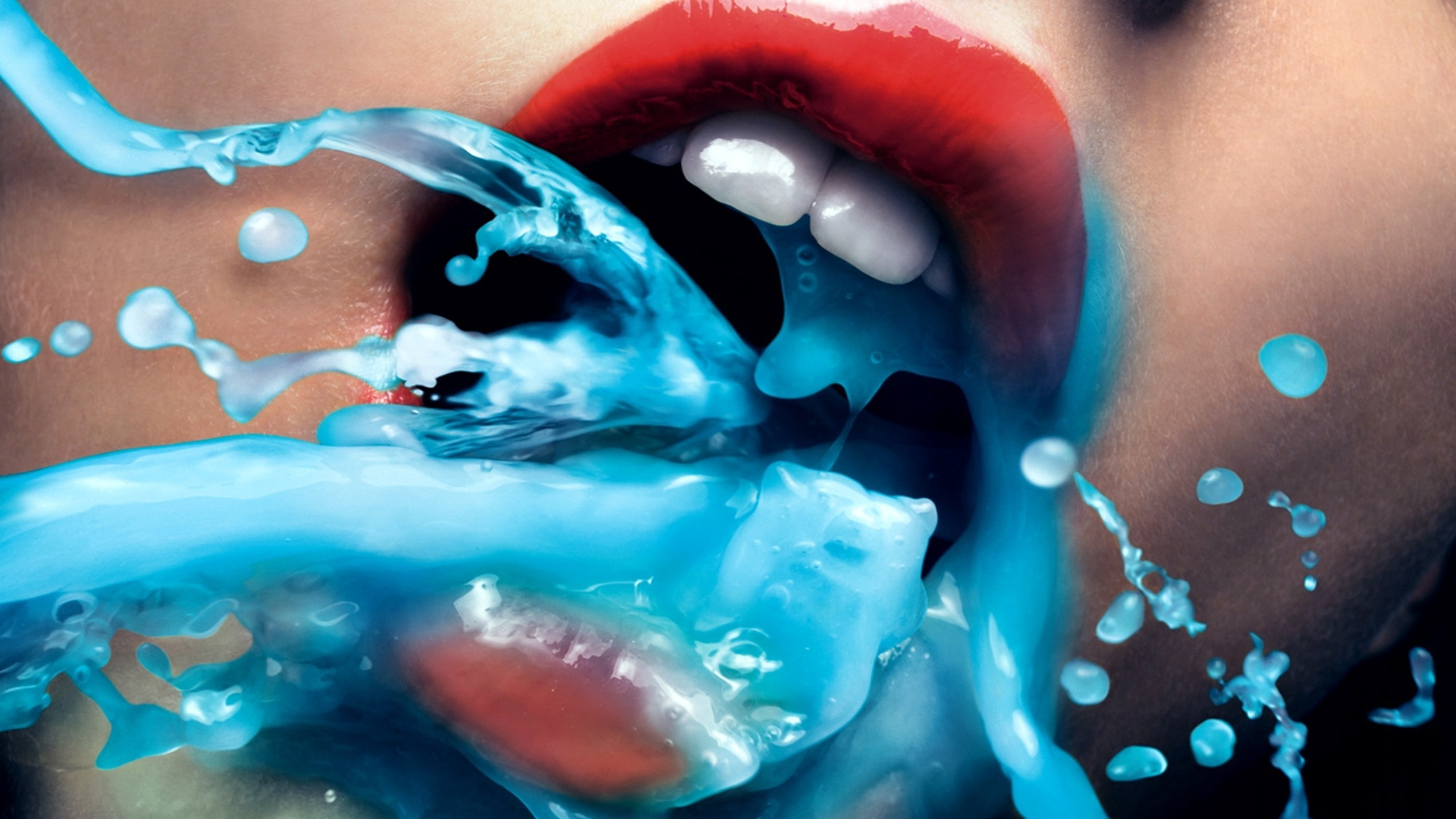 women, lips, open mouth, teeth, liquid, blue, model, digital art