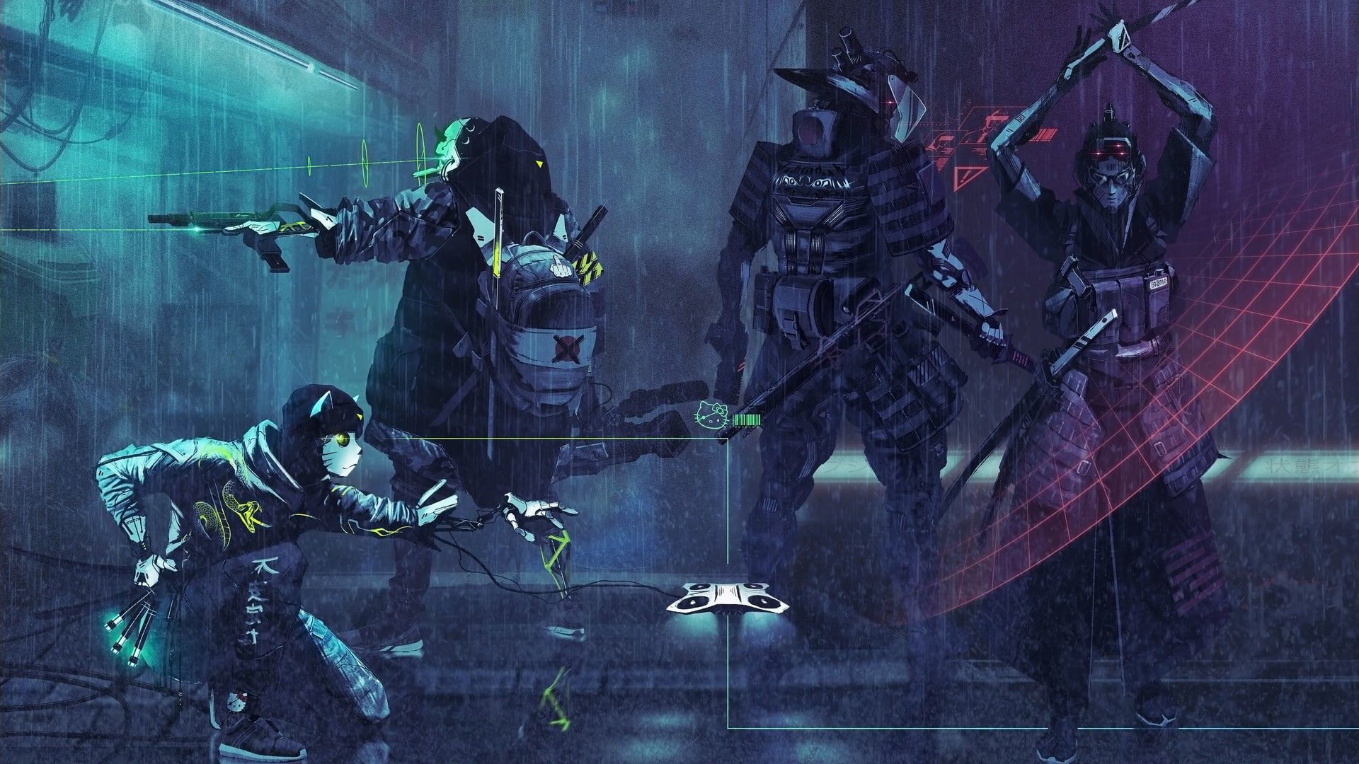 Cyberpunk: Samurai vs Shinobi, men, real people, architecture