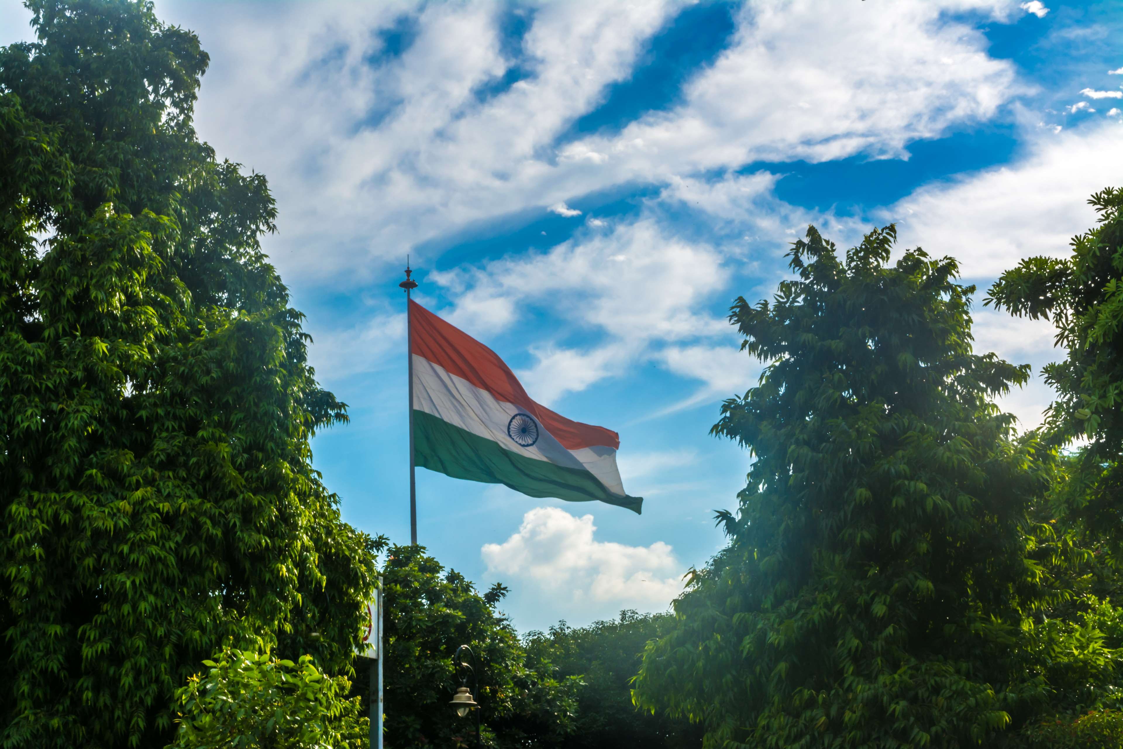 ashok, ashok chakra, blue, clouds, flag, green, india, indian