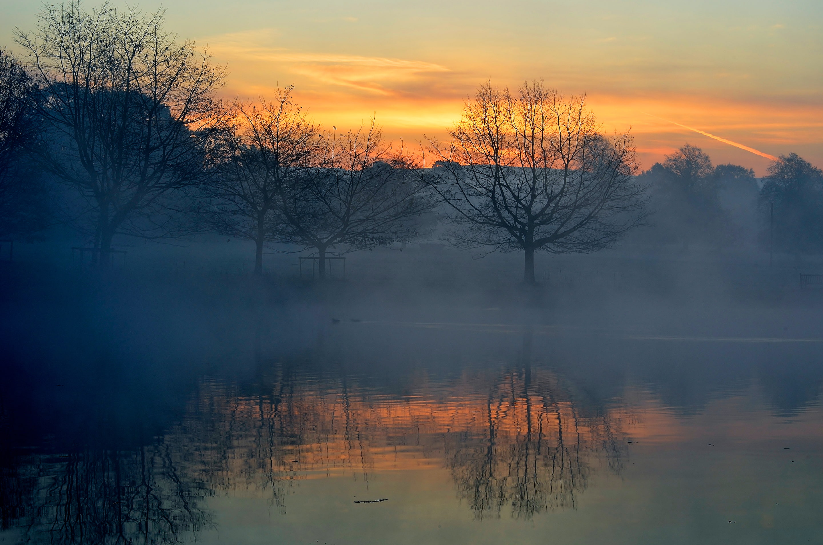 the sky, clouds, trees, sunset, fog, lake, reflection, river