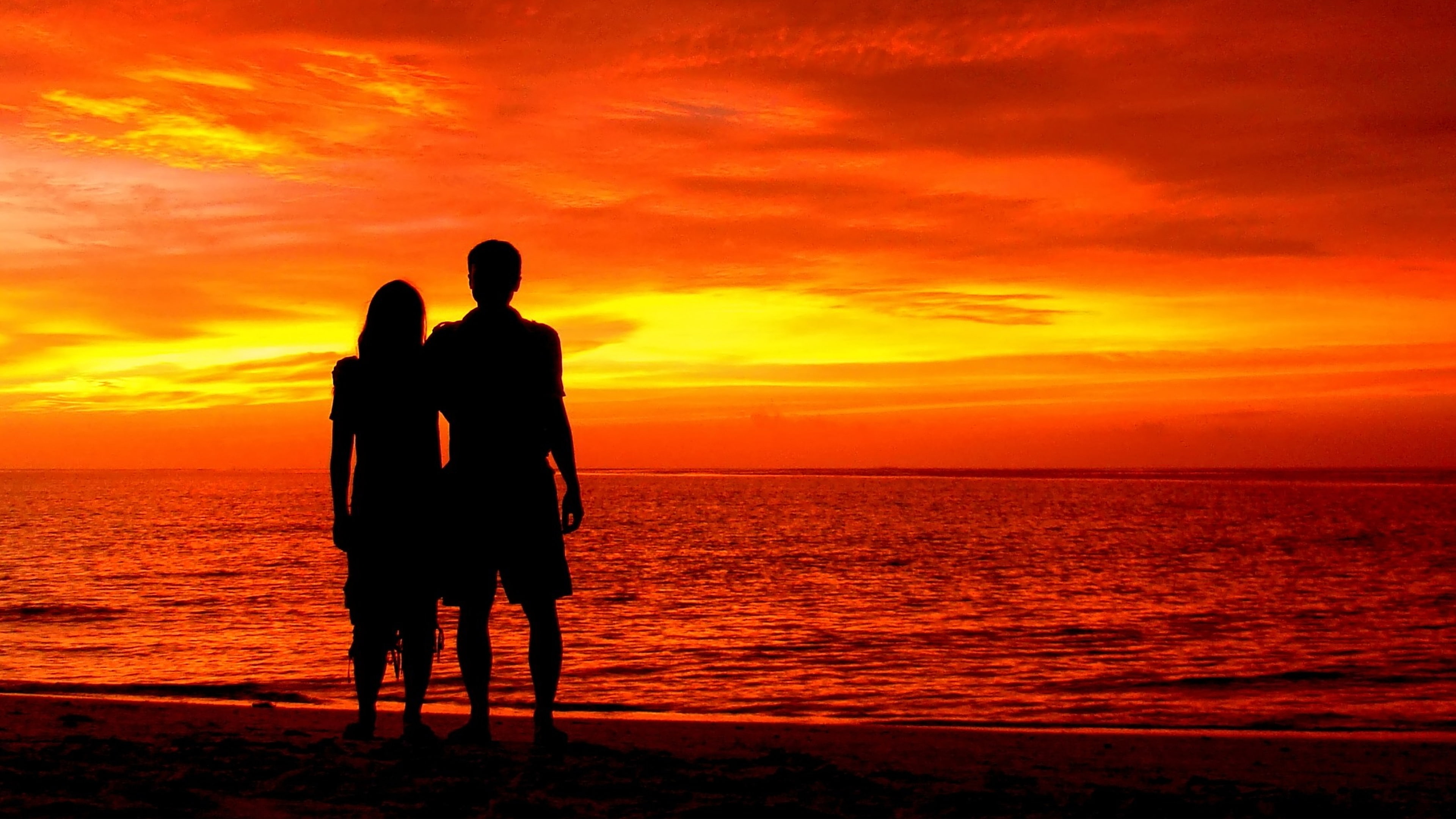 4K, Beach, Silhouette, Sunset, Romantic, Couple