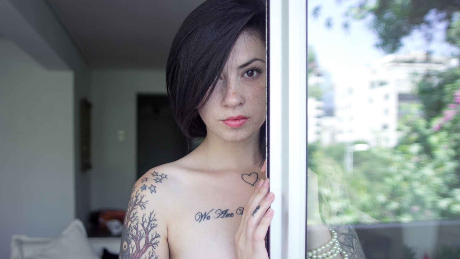 Cra Suicide, Woman, Model, Window, Tattoo, women's black haired topless