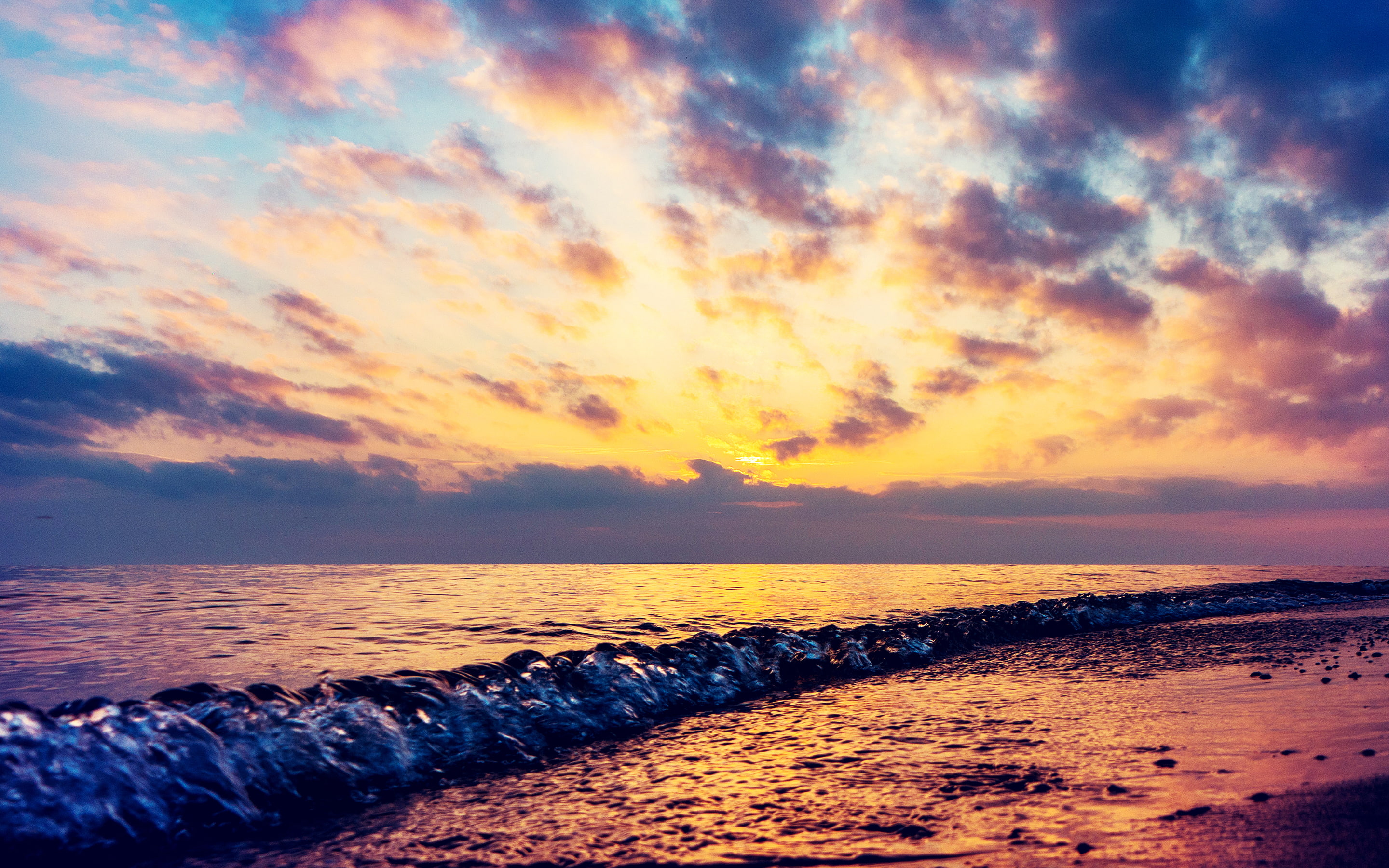 sea, sunset, clouds, wave, surf