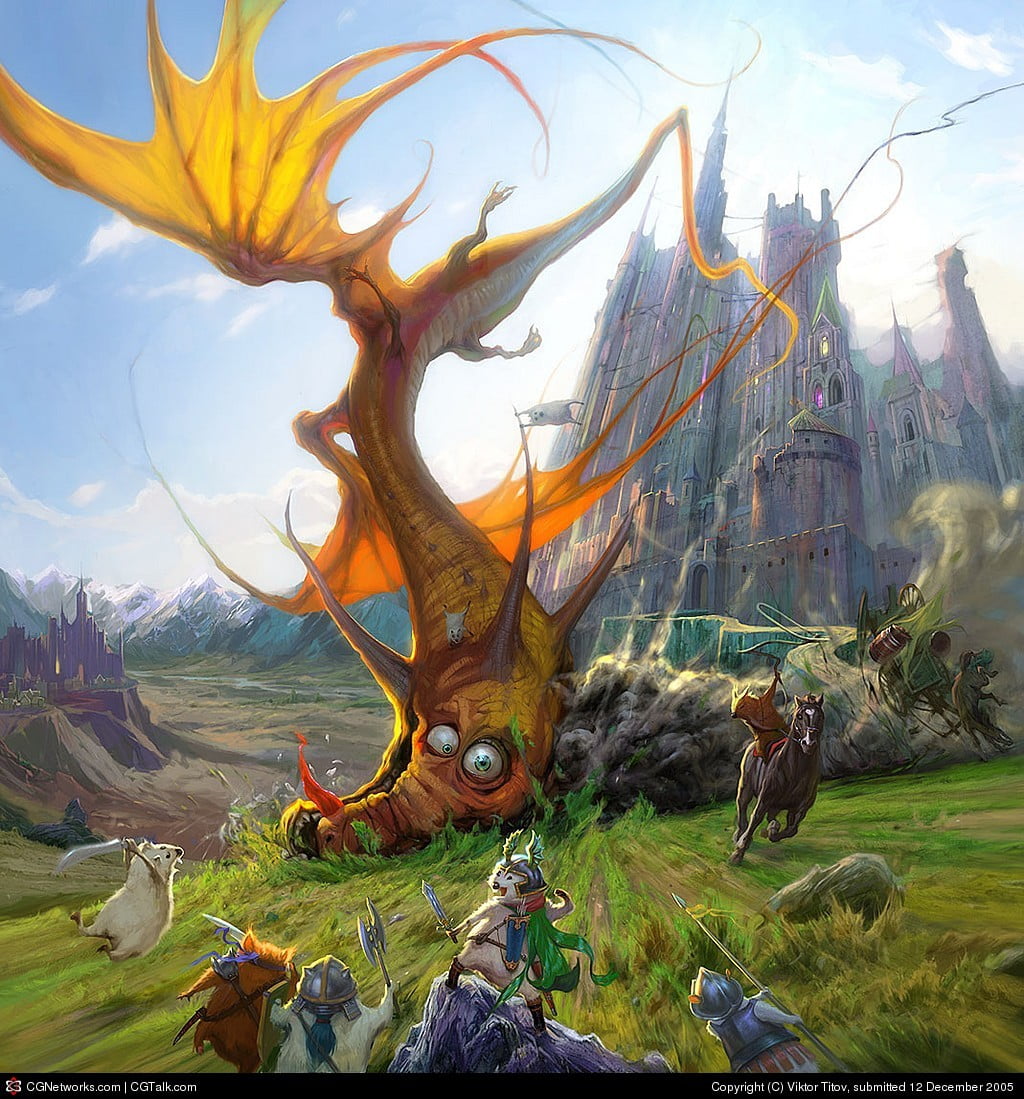 orange dragon digital wallpaper, castle, fantasy art, digital art