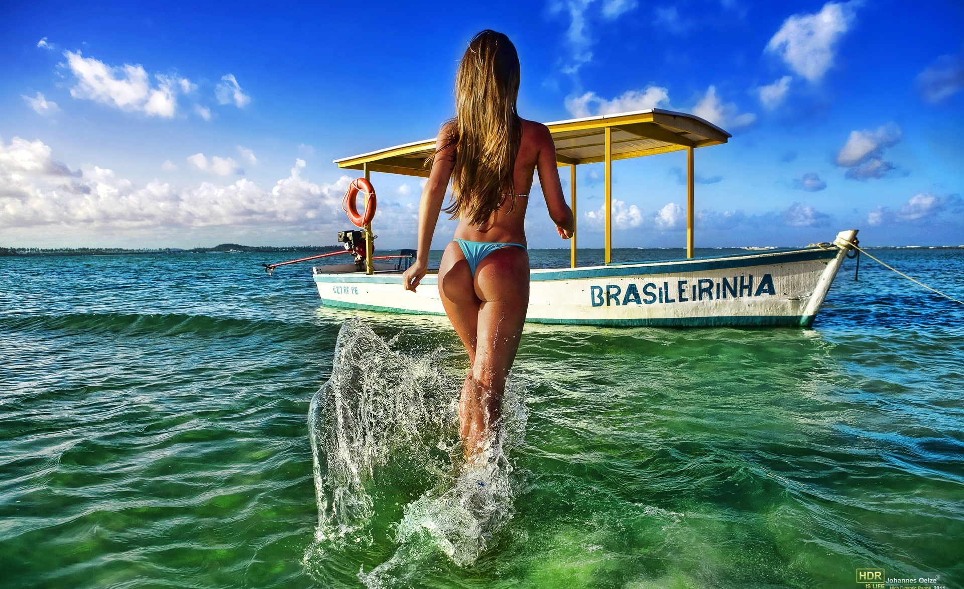 Brazilian Girl, women's blue bikini bottoms, Girls, water, sea