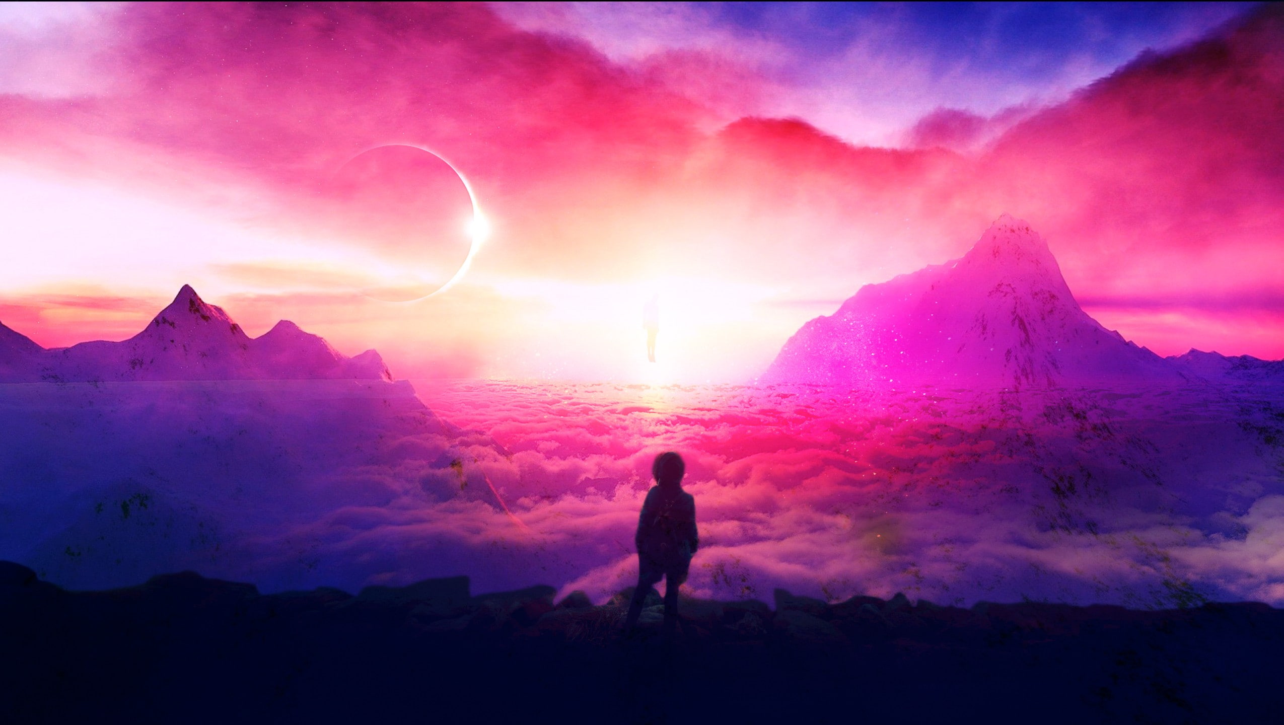 eclipse, mountains, solar eclipse, space, sunset, Surreal