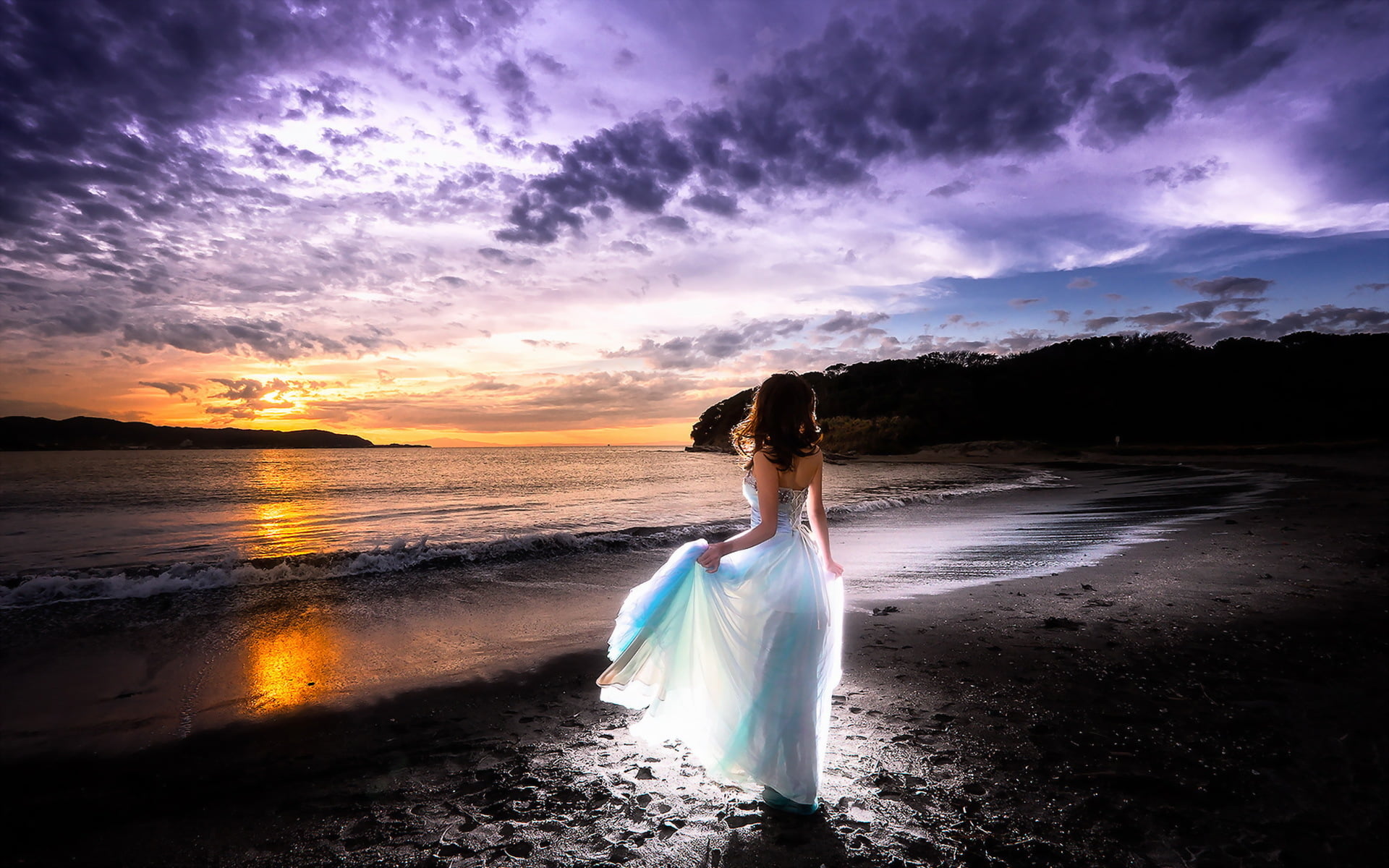 women's blue and white maxi dress, sea, girl, sunset, bride, wedding