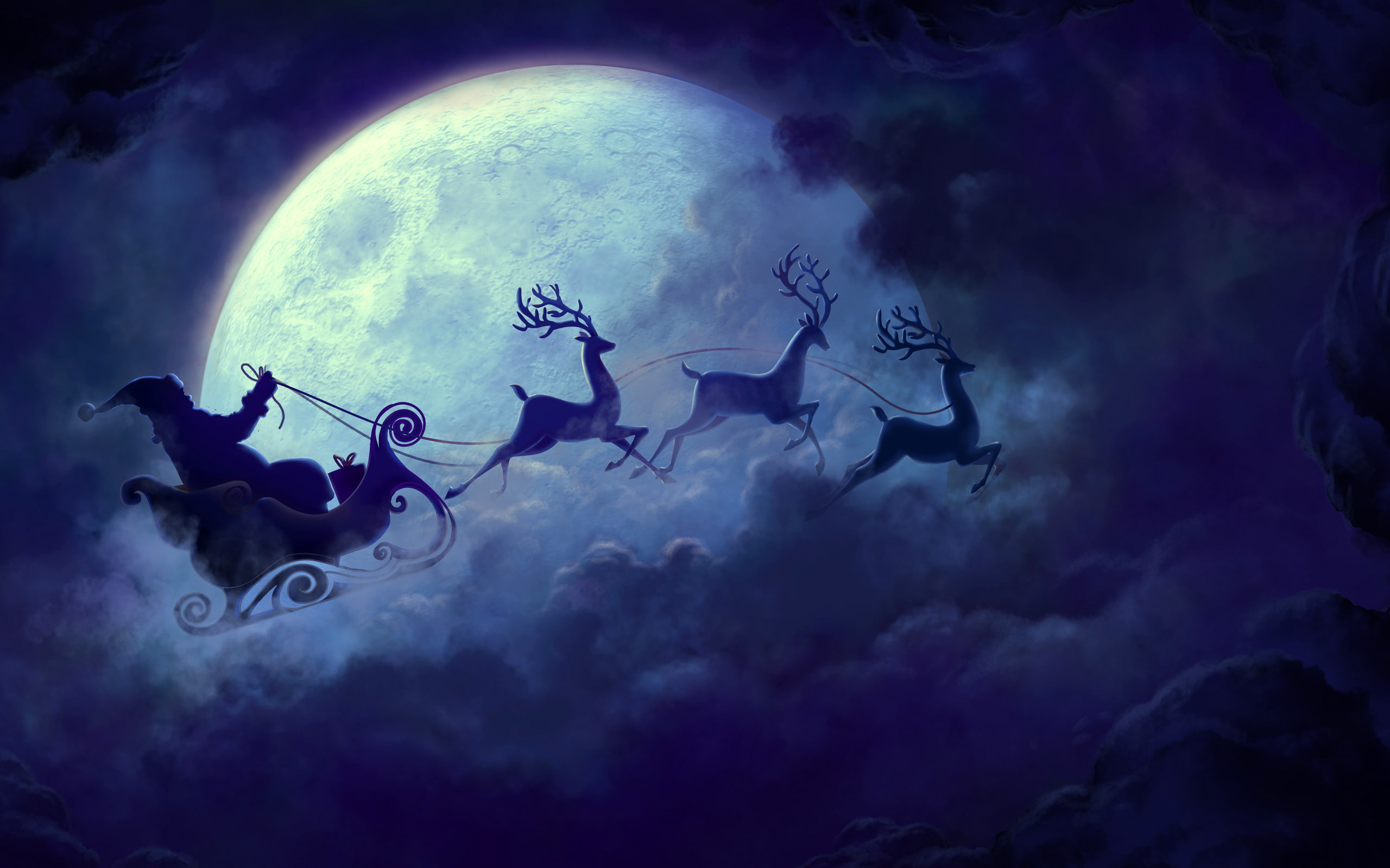 Santa Claus, Full moon, Reindeer Chariot
