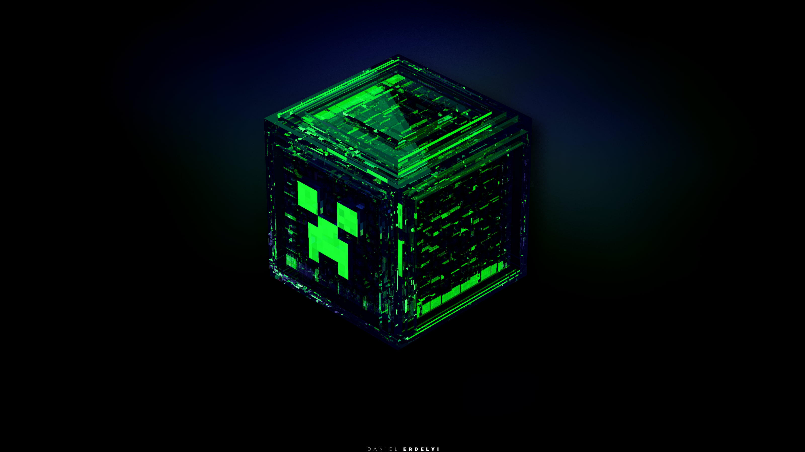 green cube illustration, Minecraft, creeper, studio shot, black background
