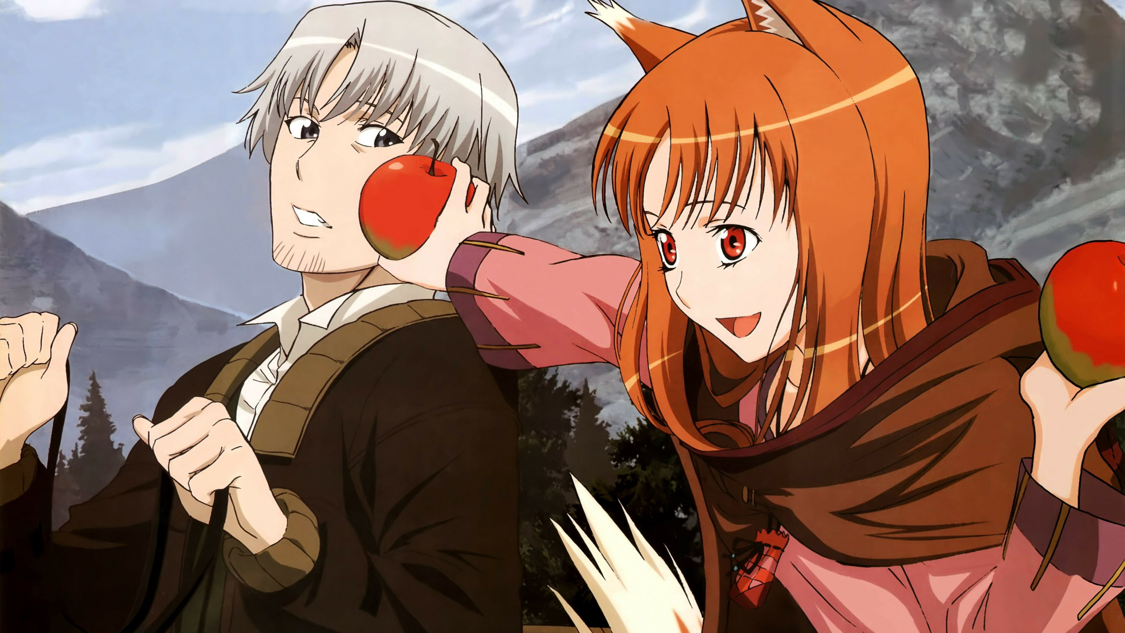 two anime characters, Spice and Wolf, Holo, Lawrence Craft, apples