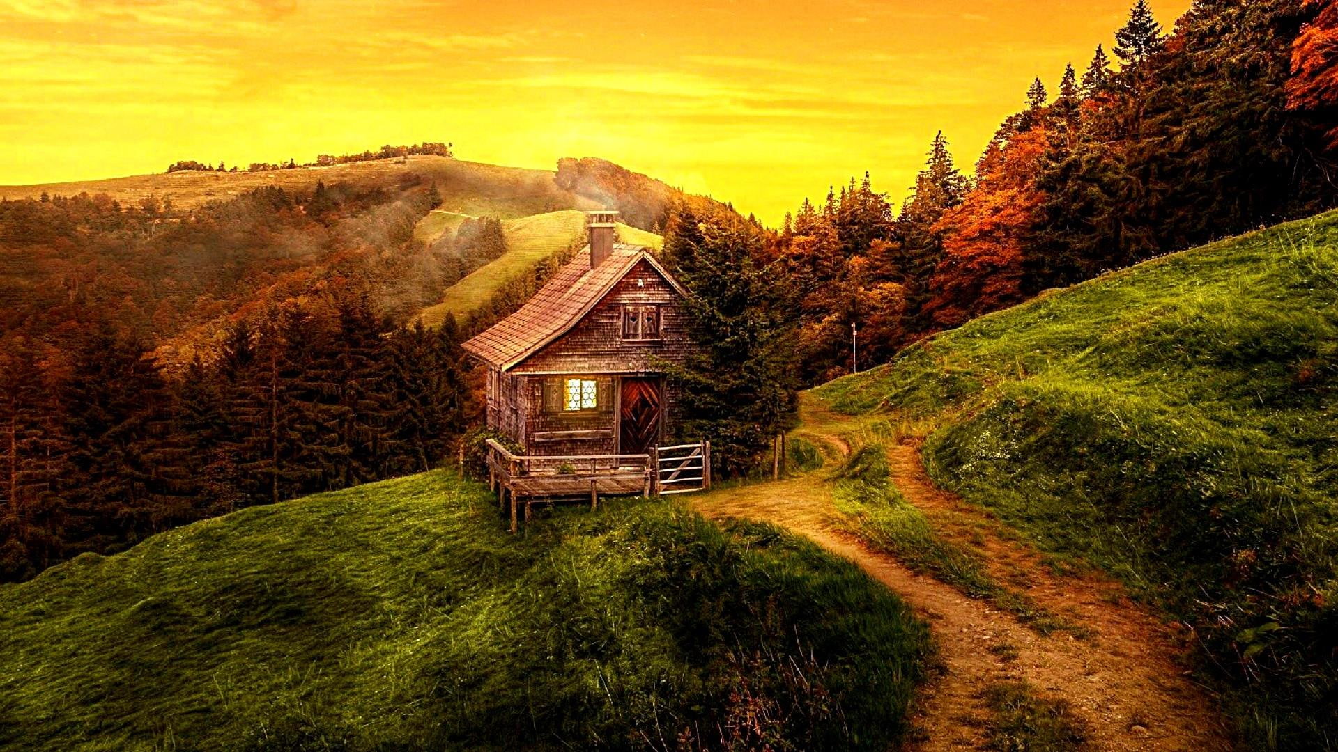 top of the hill, cottage, landscape, nature, sunset, amazing