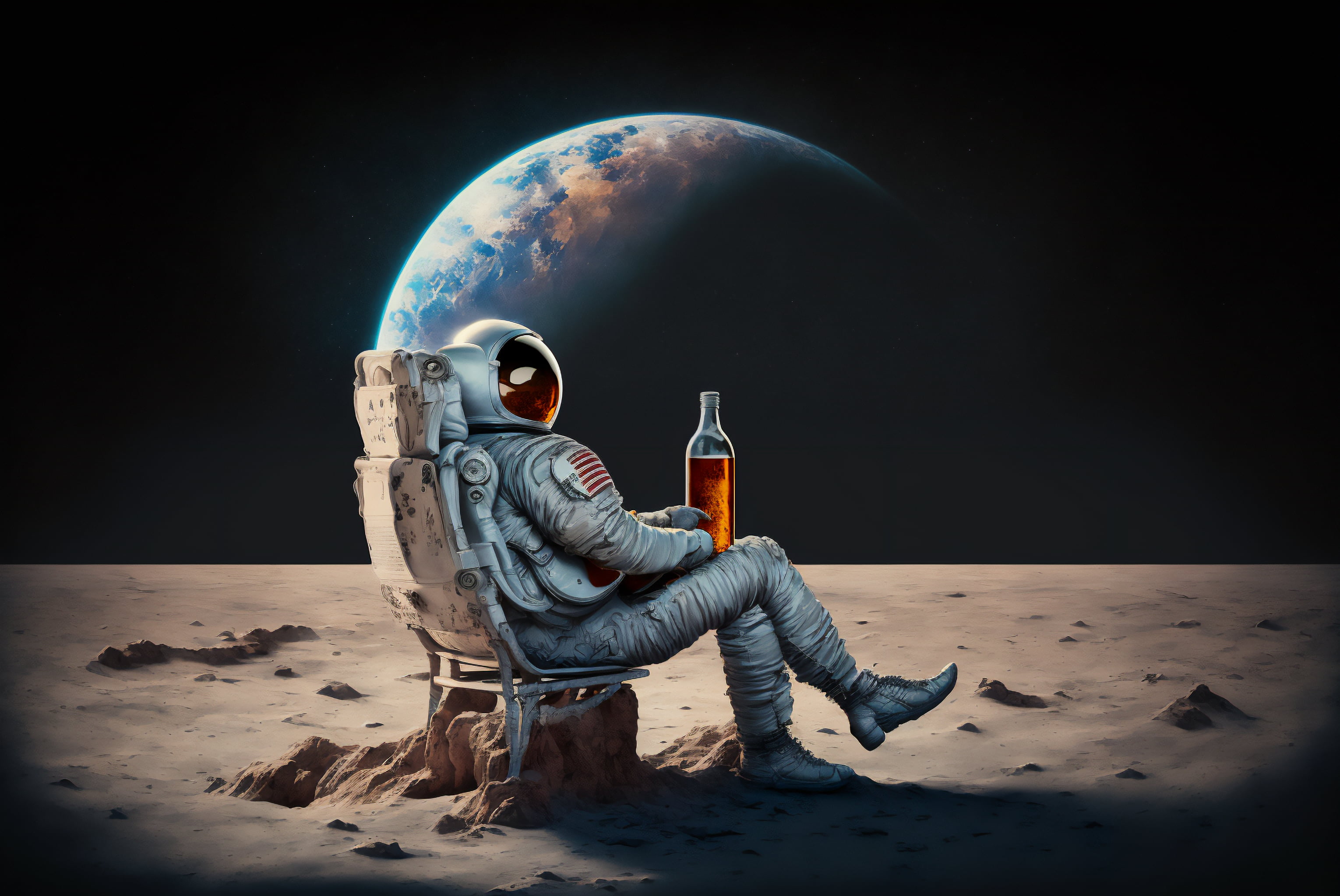 AI art, astronaut, spacesuit, Moon, beer, Chill Out