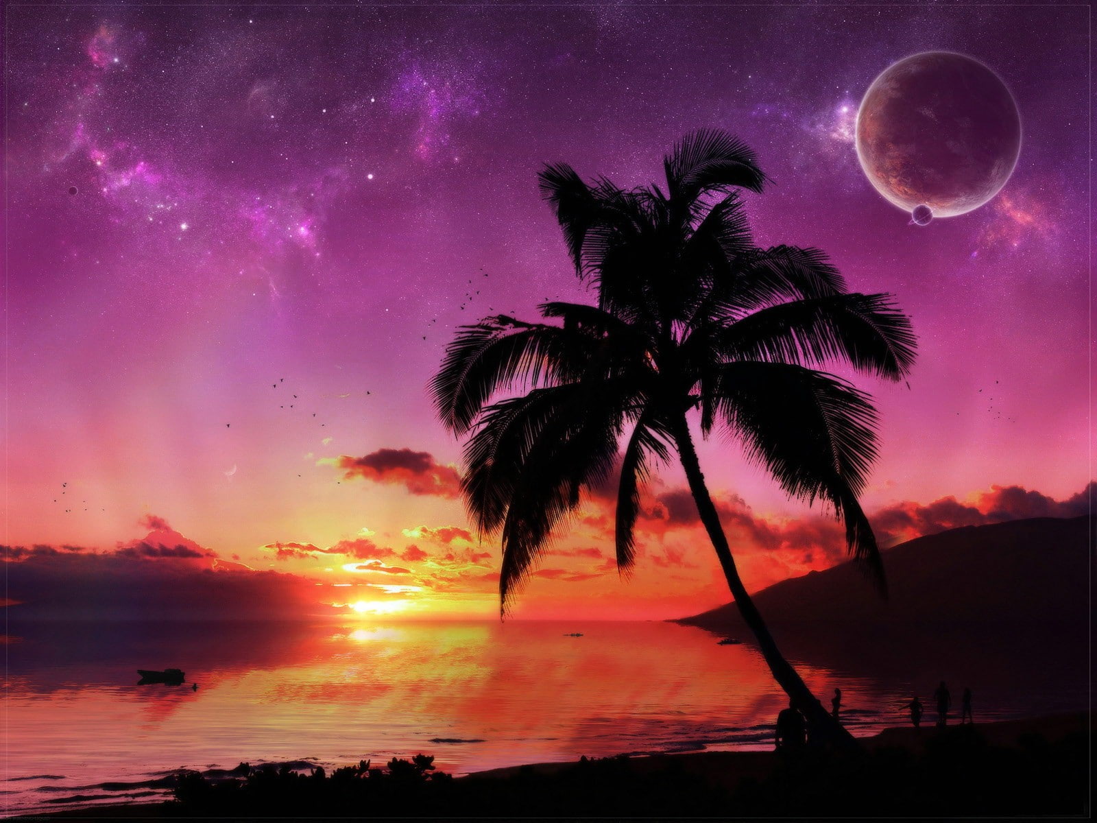 palm tree and moon, sunset, planet, Palma, sky, tropical climate