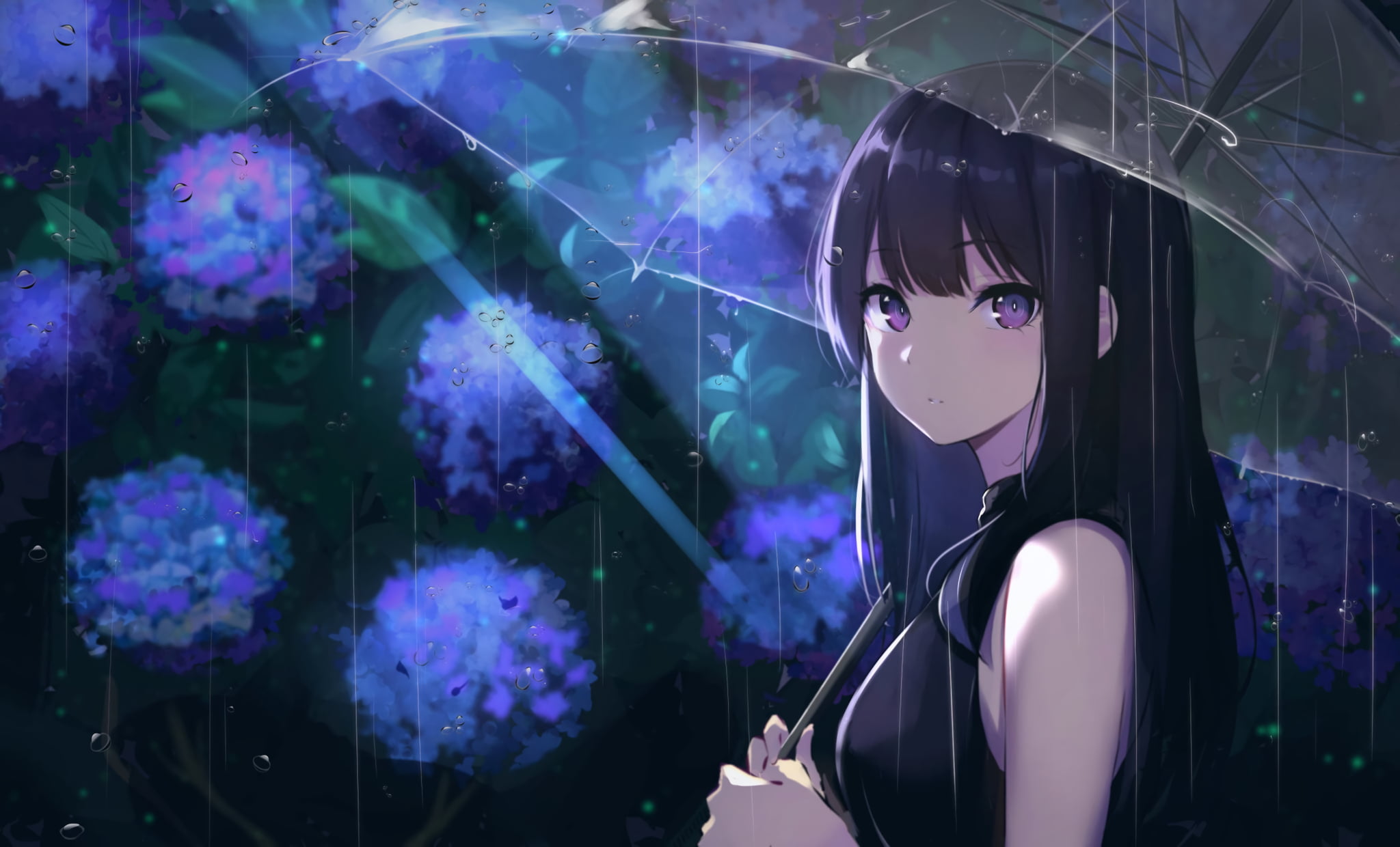 Free Download Hd Wallpaper Anime Girls Rain Umbrella Bangs Long