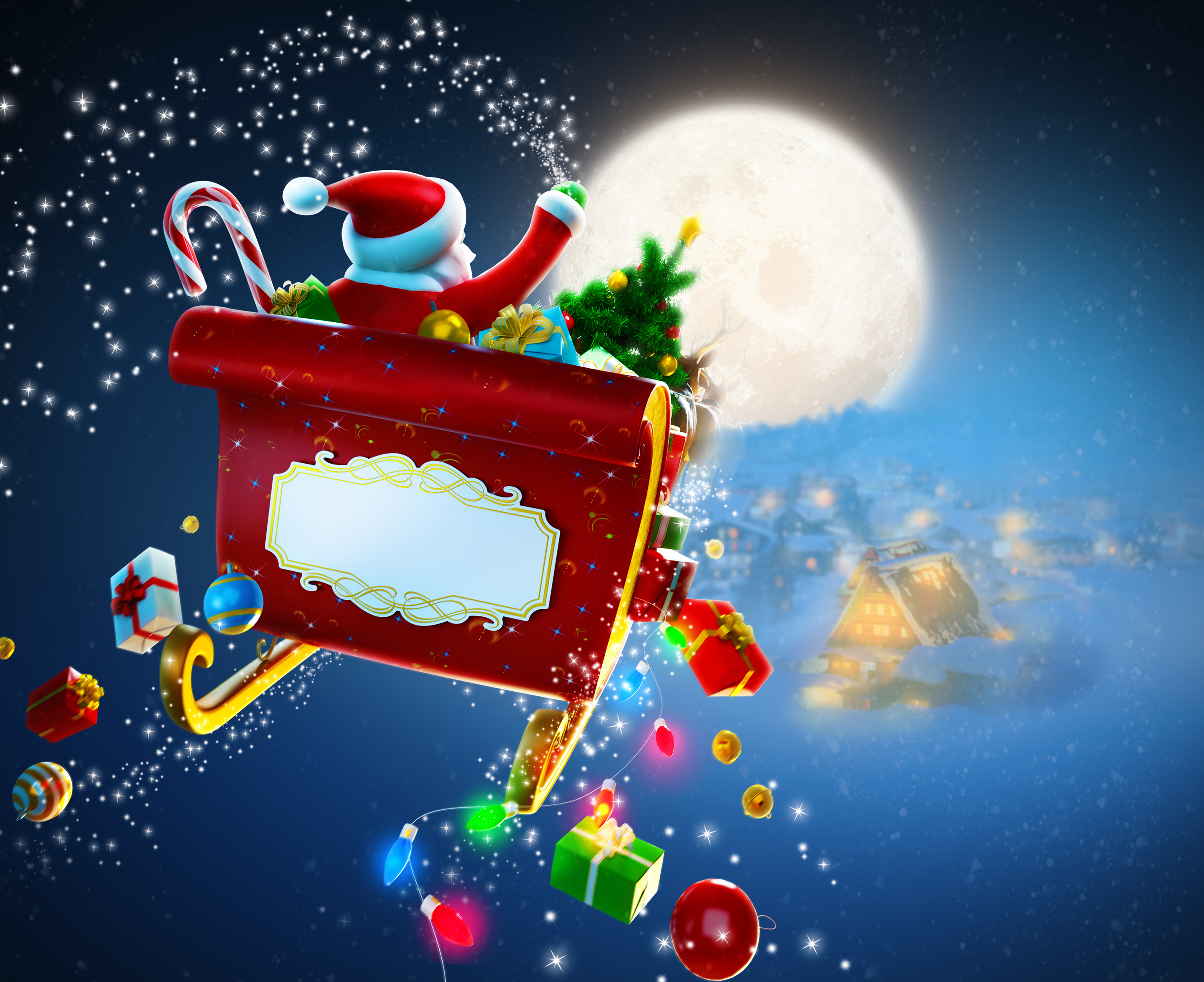 Santa Claus near sleight digital wallpaper, snow, the city, toys