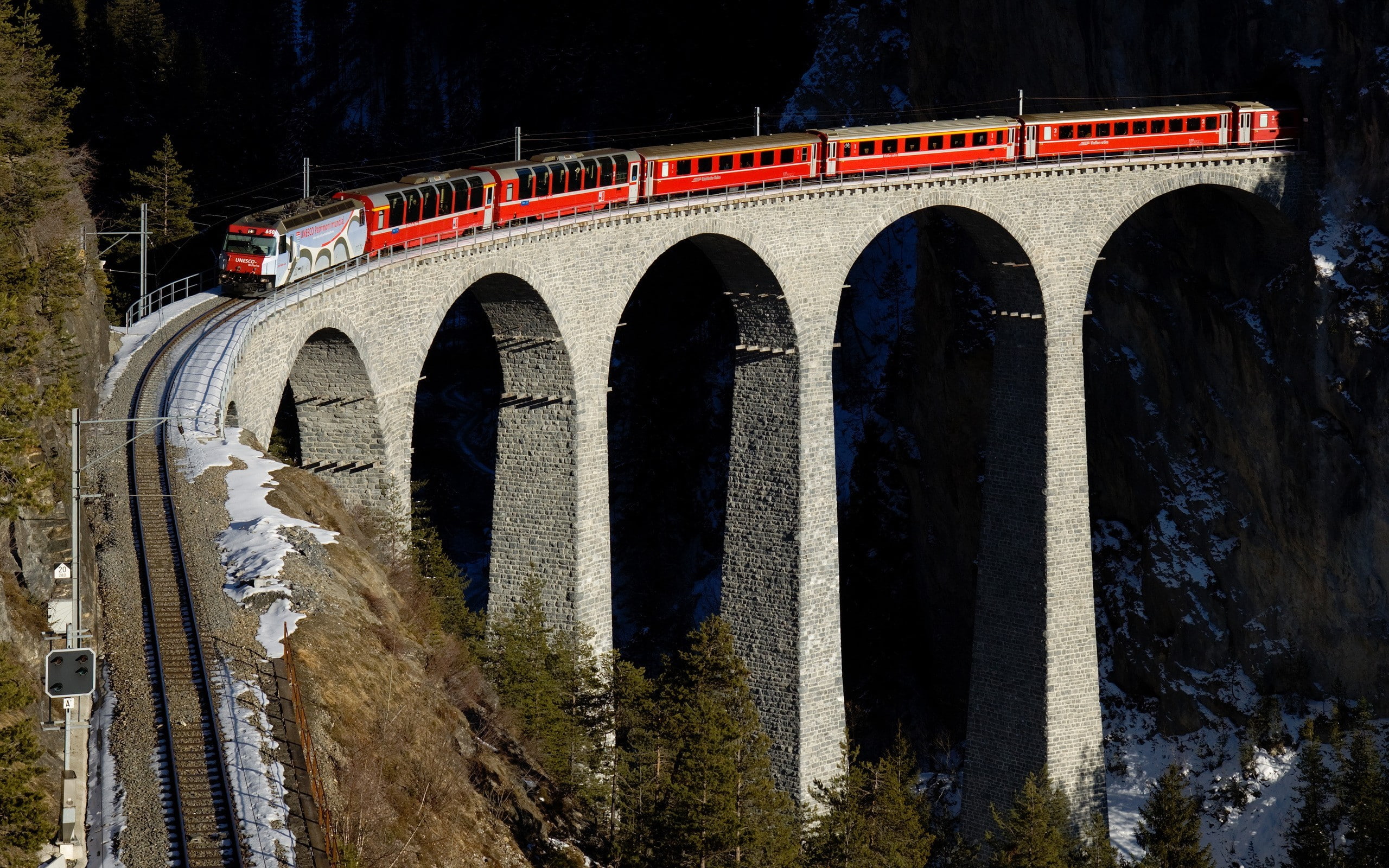 train, railway, bridge, Switzerland, nature, trees, mountains