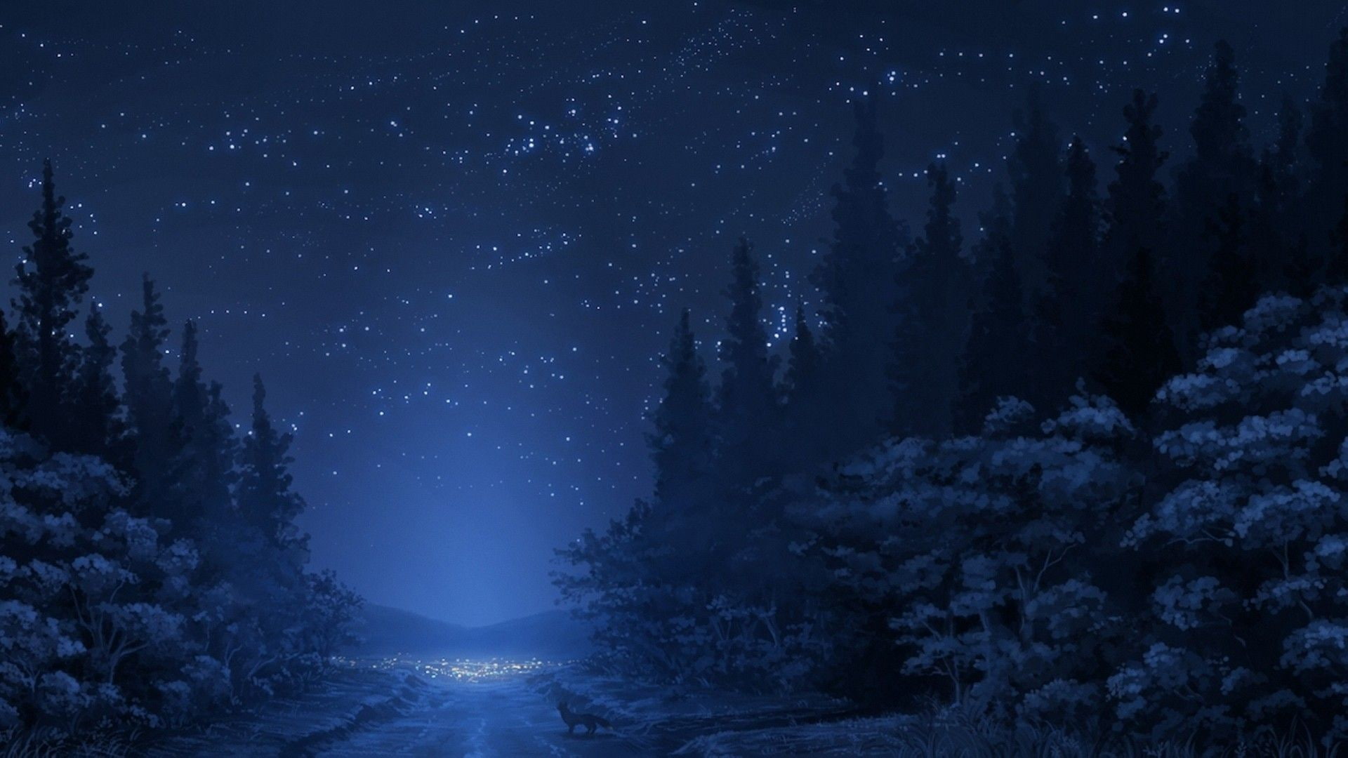 Blue Forest Night HD, drawings, forests, foxes, path, stars, trees