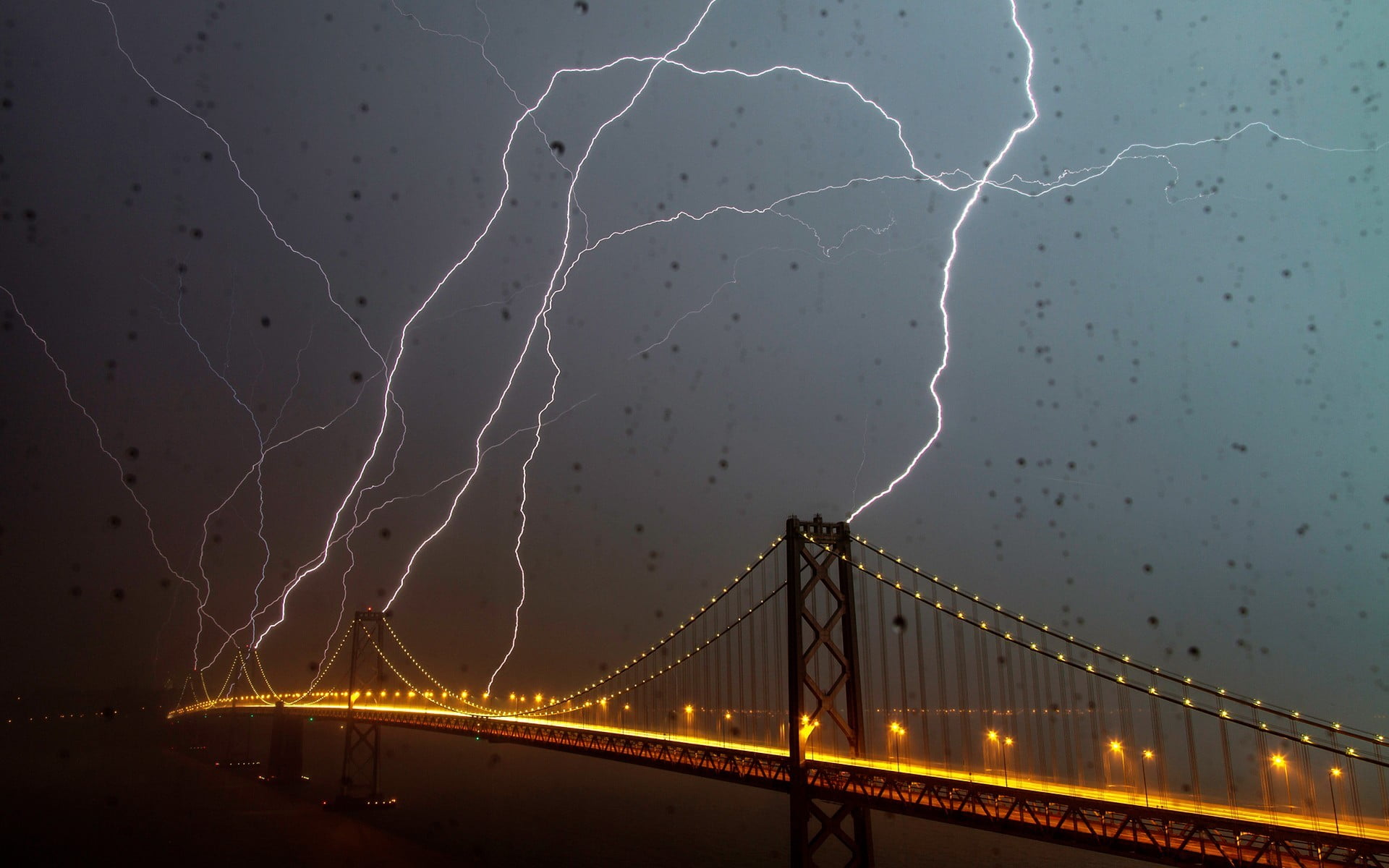 suspension bridge graphic wallpaper, lightning, architecture