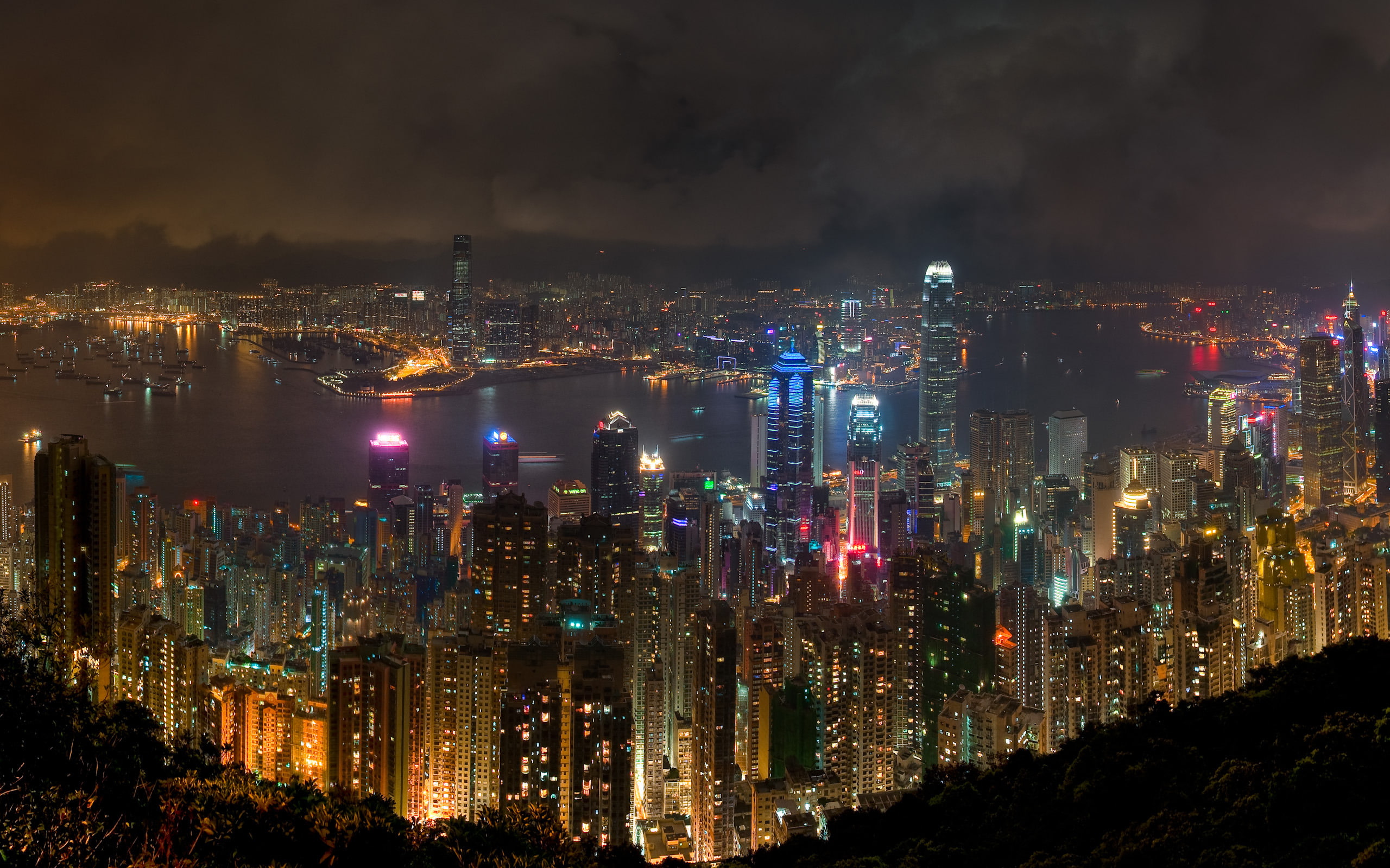 night, river, Windows, Hong Kong, skyscrapers, neon