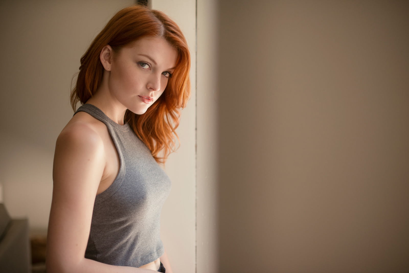 Elyse DuFour, women, actress, redhead, long hair, indoors