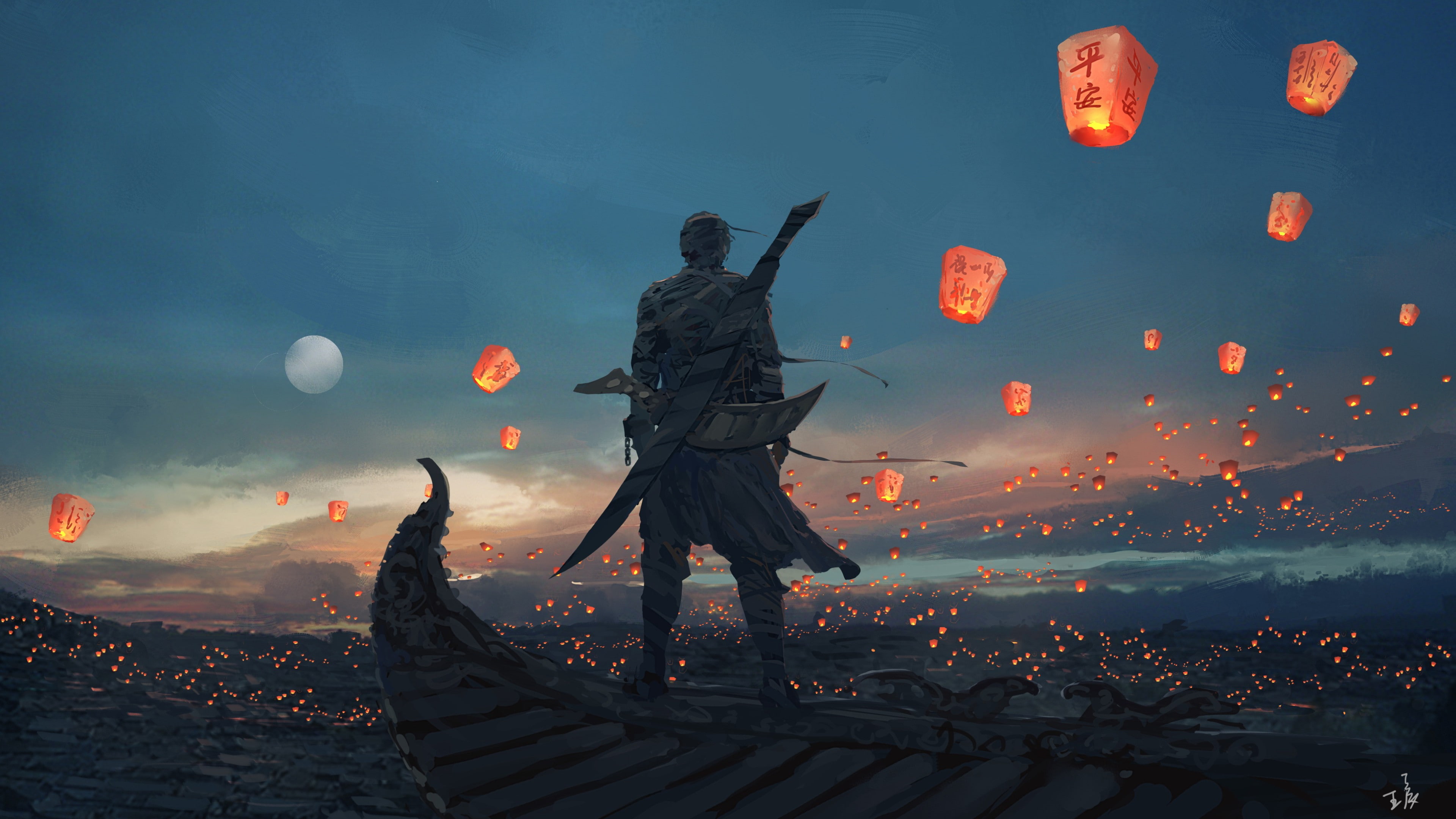 Free download | HD wallpaper: sky, sky lanterns, Moon, samurai, looking