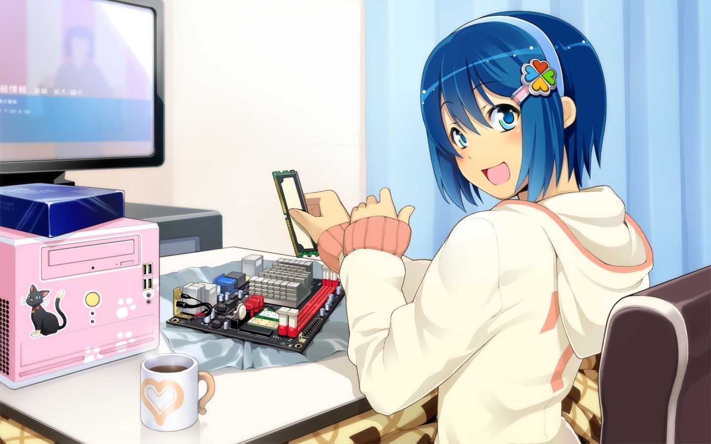 computer, Madobe Nanami, blue hair, anime, Windows 7, anime girls
